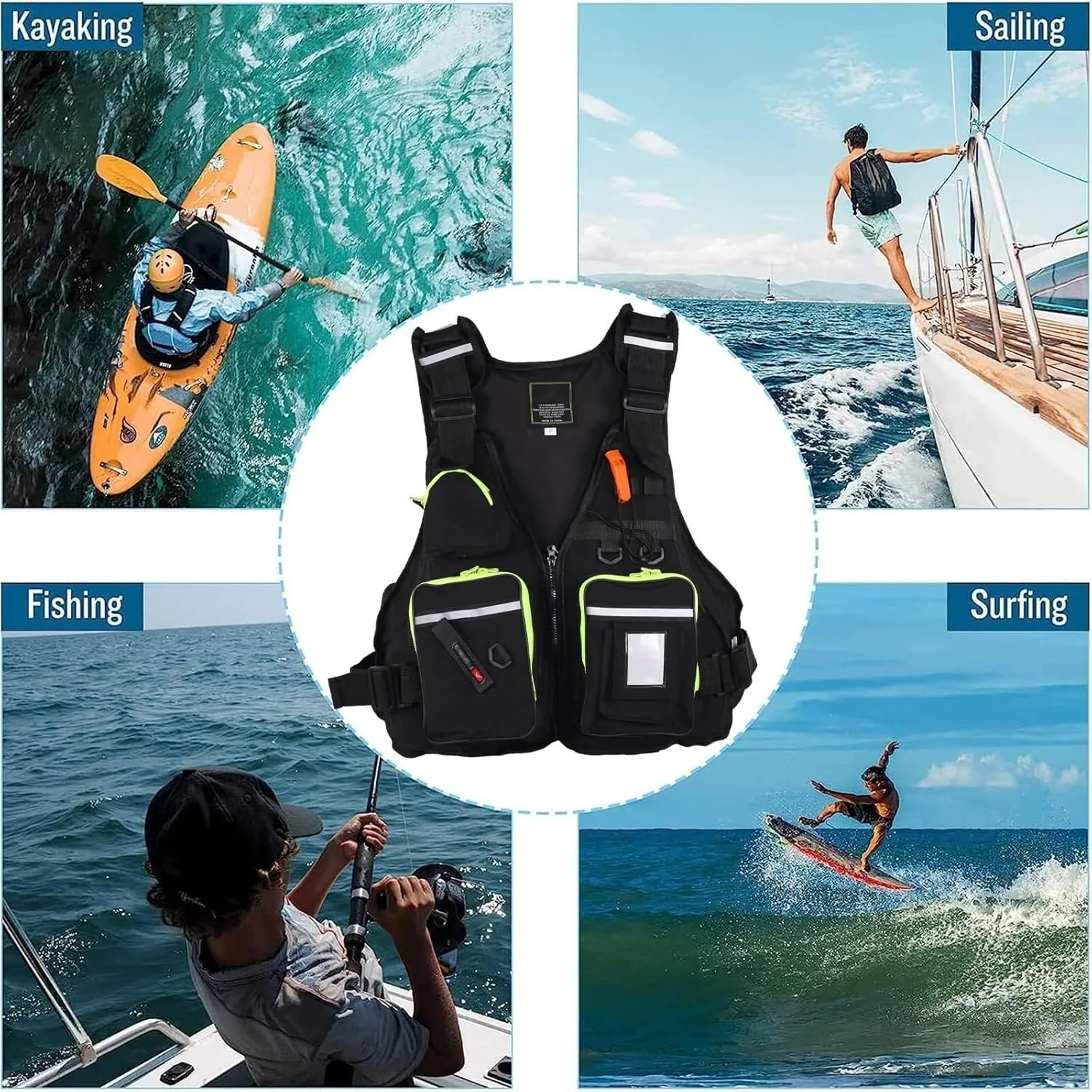 Fishing Jackets with Adjustable Shoulder Waist, Whistle for Paddle Boarding Kayaking Snorkel