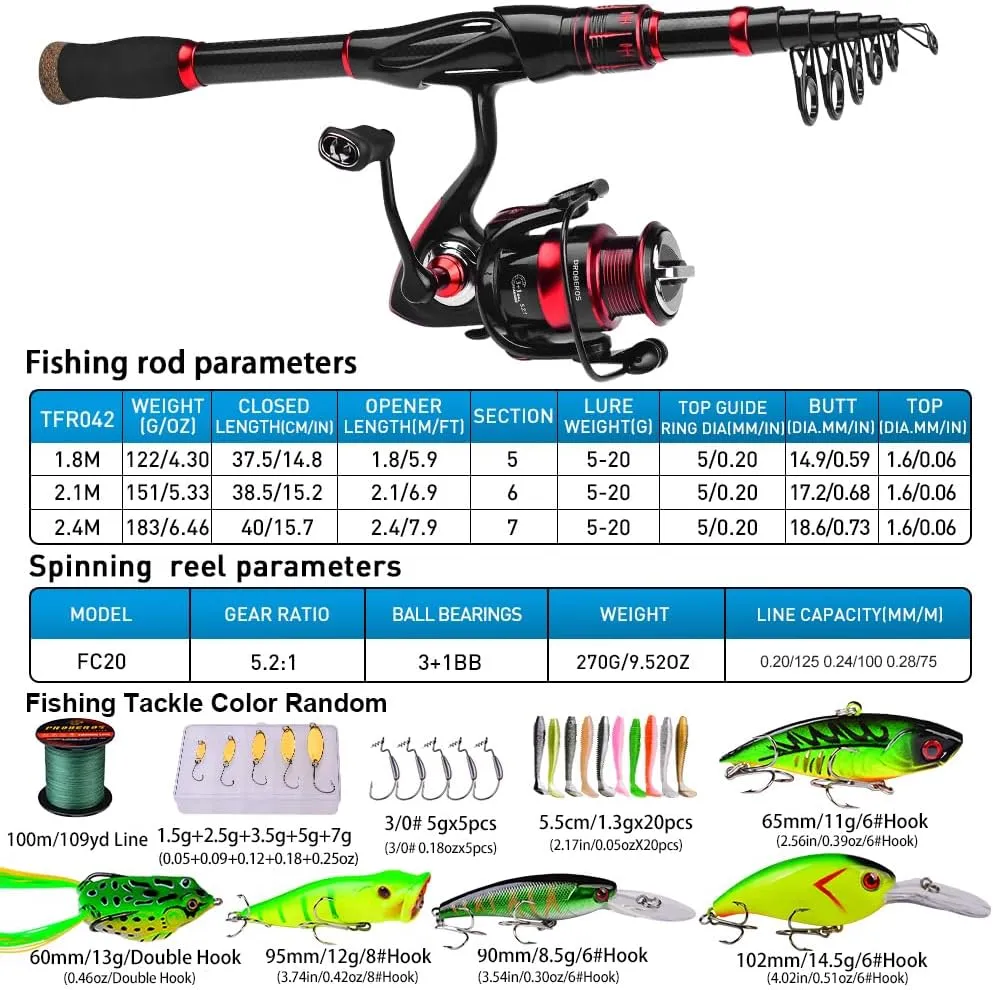 Fishing Rod Reel Combo - Fishing Poles and Reels Combos - Carbon Fiber Telescopic Fishing Pole with 2000 Spinning Reel Combos - Freshwater Bass Fishing Tackle Set Fishing Rods Kit