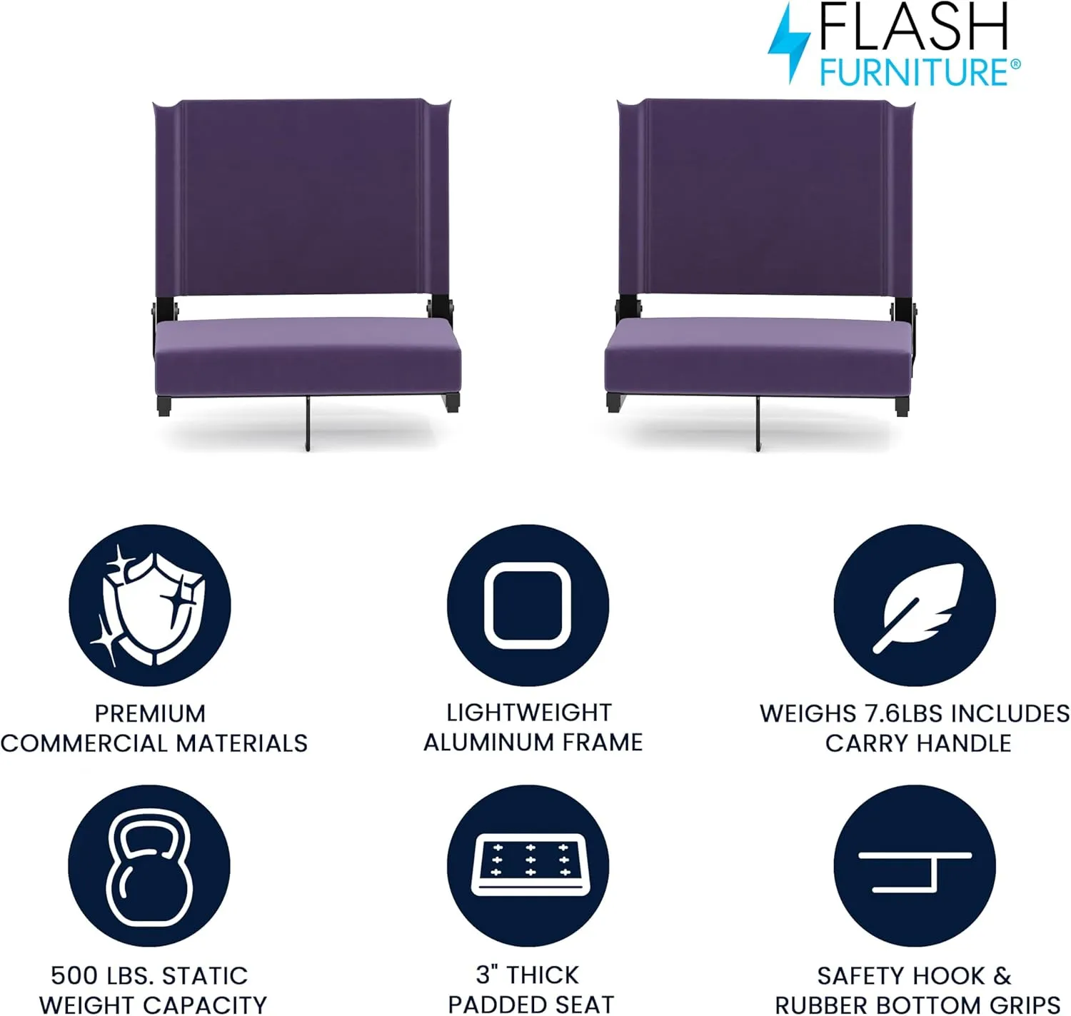 Flash Furniture Grandstand Portable Stadium Seats for Bleachers or Benches, Folding Padded Stadium Chairs with Handle, Pack of 2, 500 lb. Weight Capacity, Dark Purple