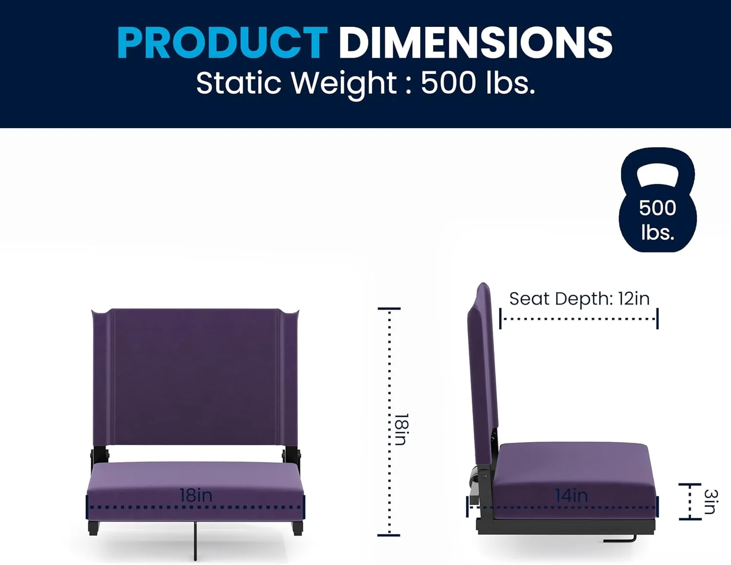 Flash Furniture Grandstand Portable Stadium Seats for Bleachers or Benches, Folding Padded Stadium Chairs with Handle, Pack of 2, 500 lb. Weight Capacity, Dark Purple