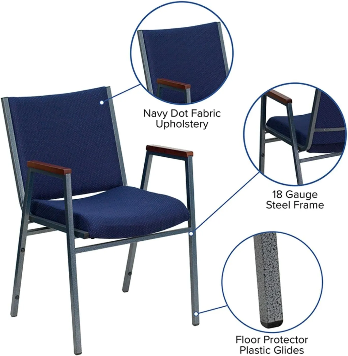 Flash Furniture HERCULES Series Heavy Duty Navy Blue Dot Fabric Stack Chair with Arms and Ganging Bracket