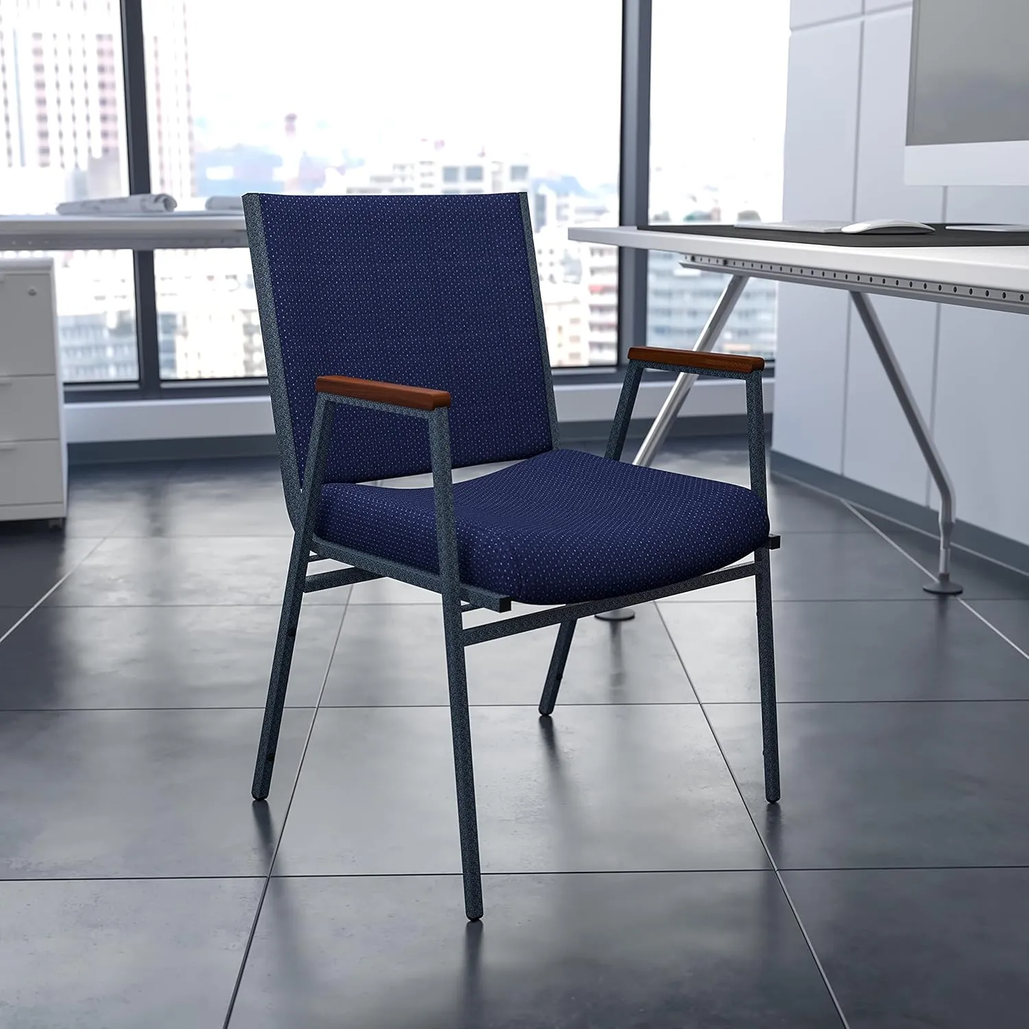 Flash Furniture HERCULES Series Heavy Duty Navy Blue Dot Fabric Stack Chair with Arms and Ganging Bracket