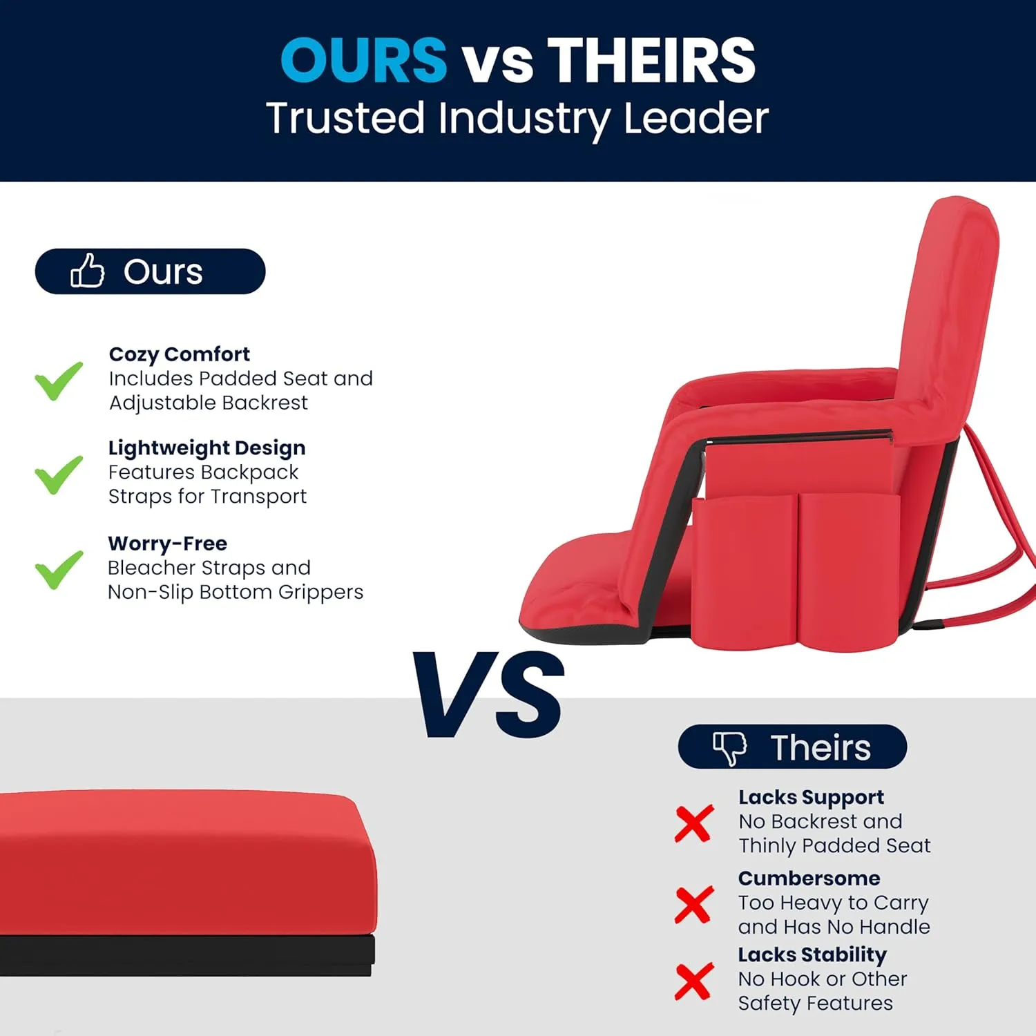 Flash Furniture Malta Extra Wide Portable Stadium Seat for Bleachers or Benches, Padded Stadium Chair with Backpack Straps and Storage, 265 lb. Weight Capacity, Red