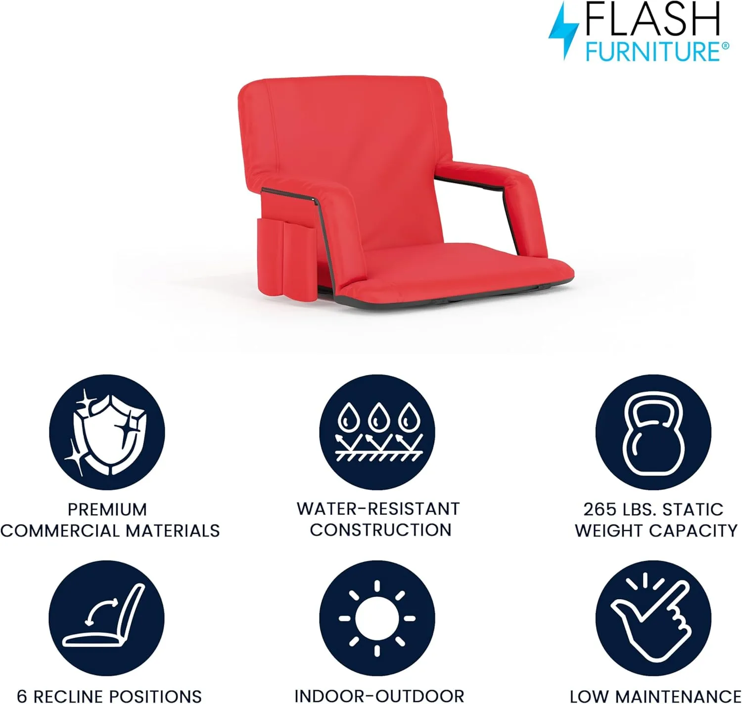 Flash Furniture Malta Extra Wide Portable Stadium Seat for Bleachers or Benches, Padded Stadium Chair with Backpack Straps and Storage, 265 lb. Weight Capacity, Red