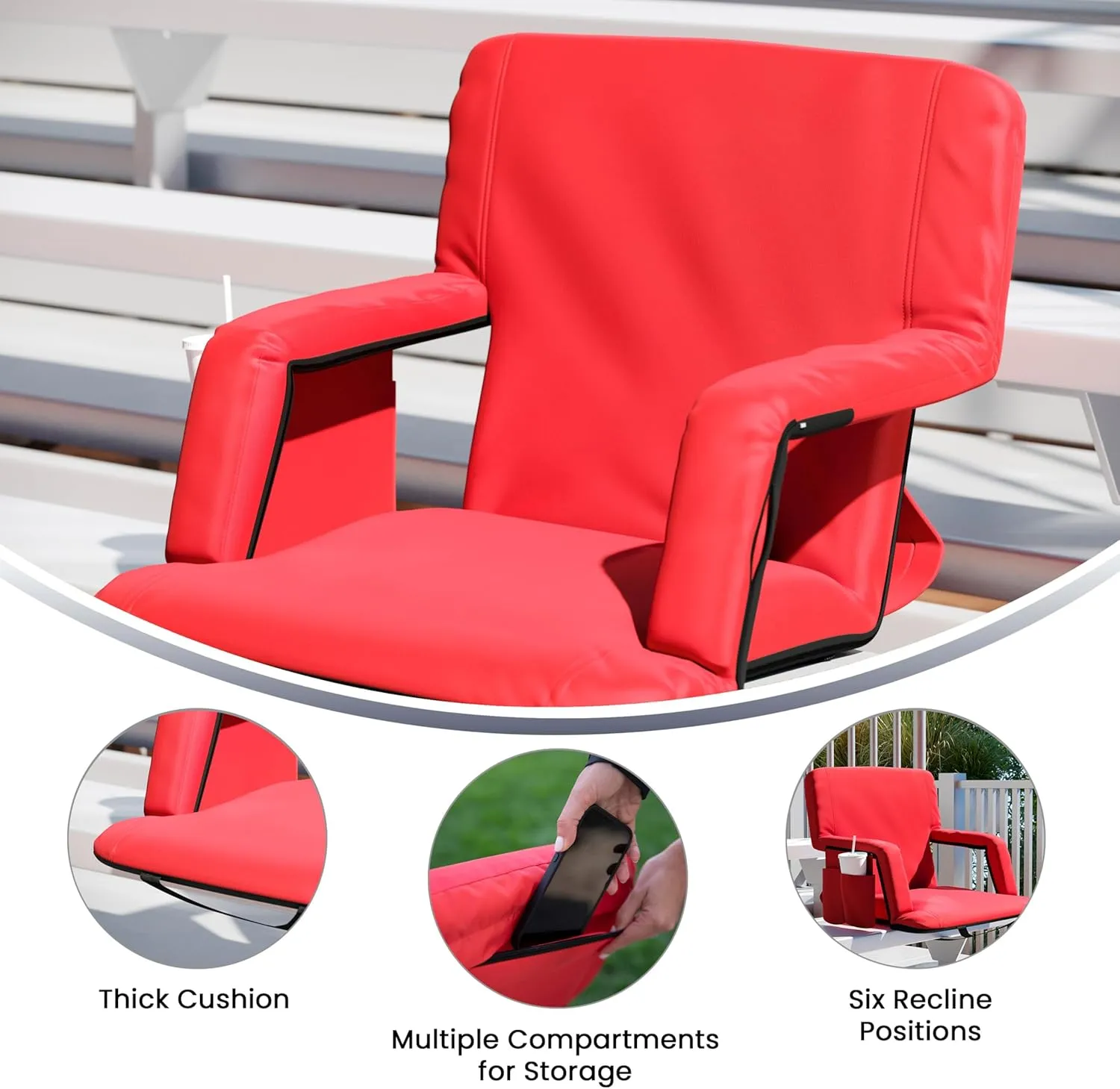 Flash Furniture Malta Extra Wide Portable Stadium Seat for Bleachers or Benches, Padded Stadium Chair with Backpack Straps and Storage, 265 lb. Weight Capacity, Red