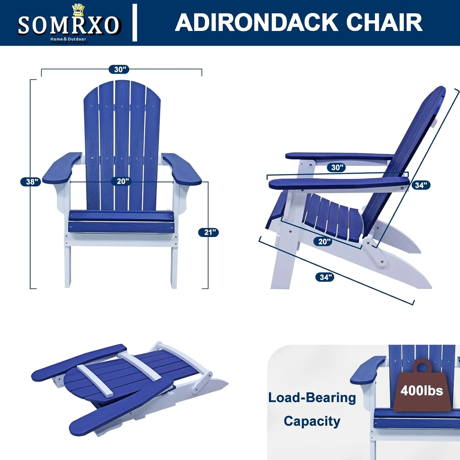 Foldable Adirondack Chair - Weather Resistant Composite Plastic, Fire Pit & Patio Chair, White & Blue for Outdoor Gatherings