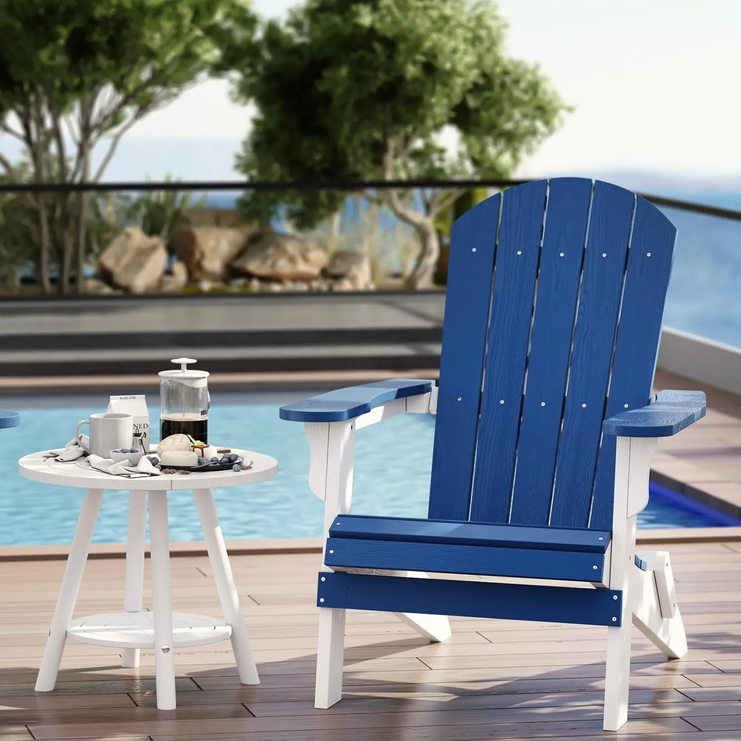 Foldable Adirondack Chair - Weather Resistant Composite Plastic, Fire Pit & Patio Chair, White & Blue for Outdoor Gatherings