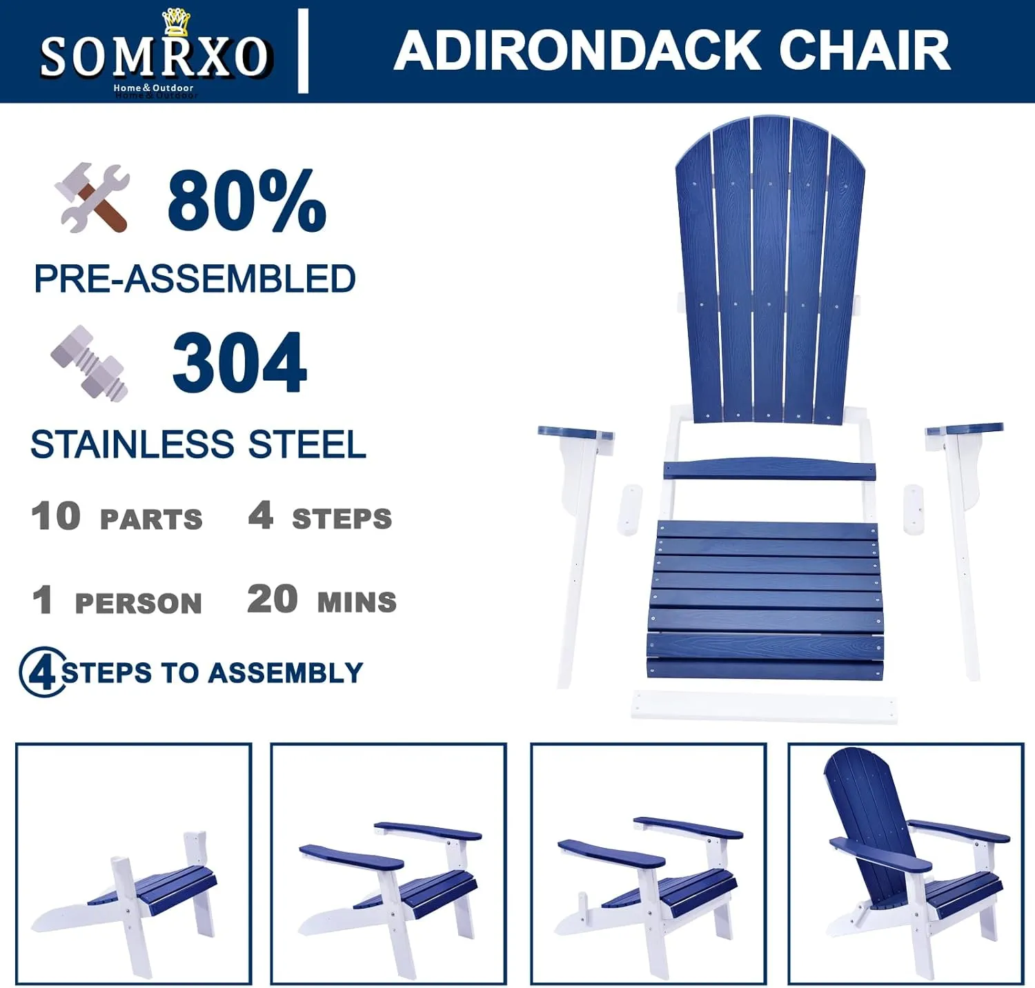 Foldable Adirondack Chair - Weather Resistant Composite Plastic, Fire Pit & Patio Chair, White & Blue for Outdoor Gatherings