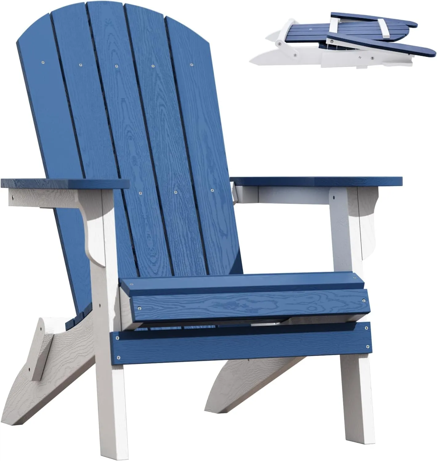 Foldable Adirondack Chair - Weather Resistant Composite Plastic, Fire Pit & Patio Chair, White & Blue for Outdoor Gatherings