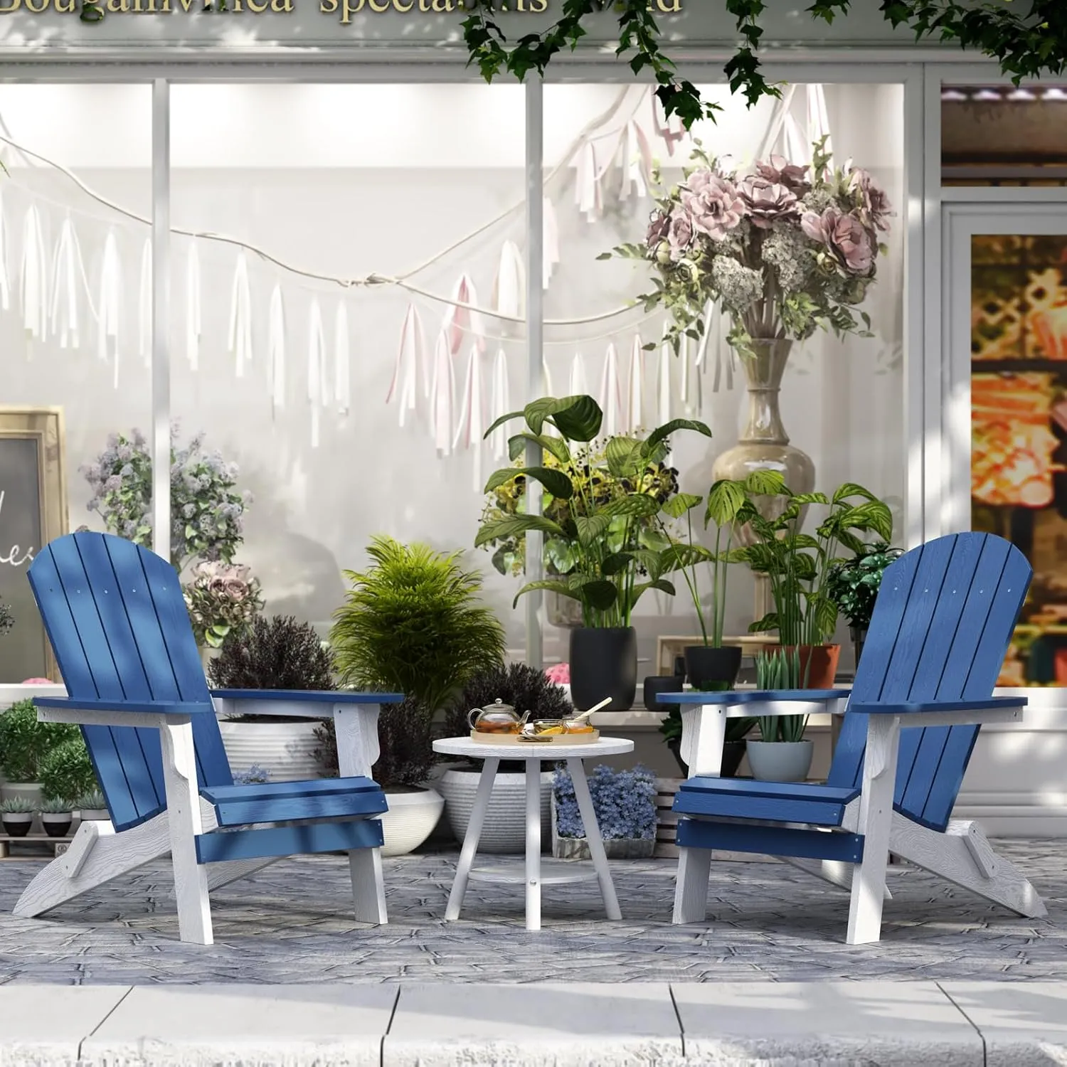 Foldable Adirondack Chair - Weather Resistant Composite Plastic, Fire Pit & Patio Chair, White & Blue for Outdoor Gatherings