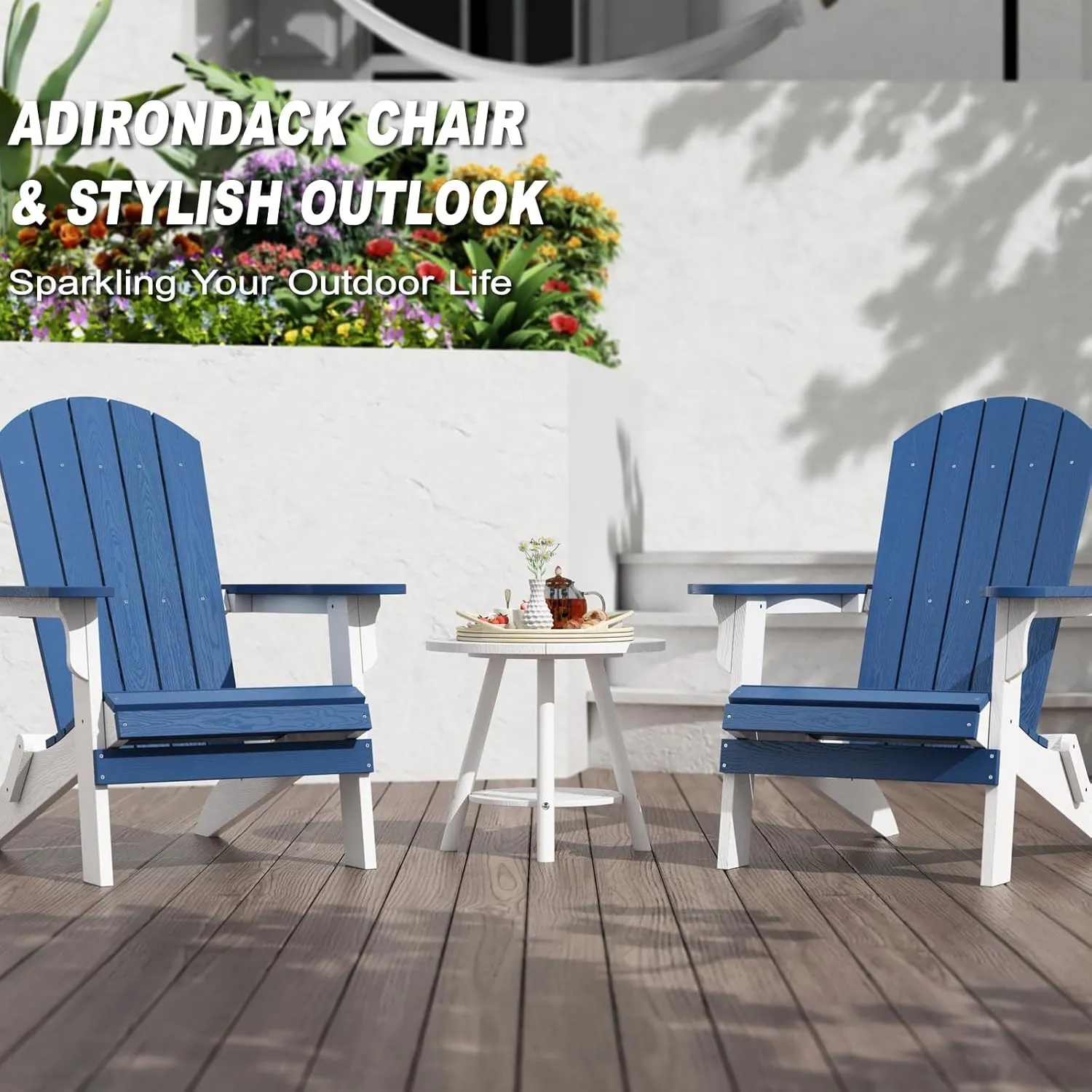 Foldable Adirondack Chair - Weather Resistant Composite Plastic, Fire Pit & Patio Chair, White & Blue for Outdoor Gatherings
