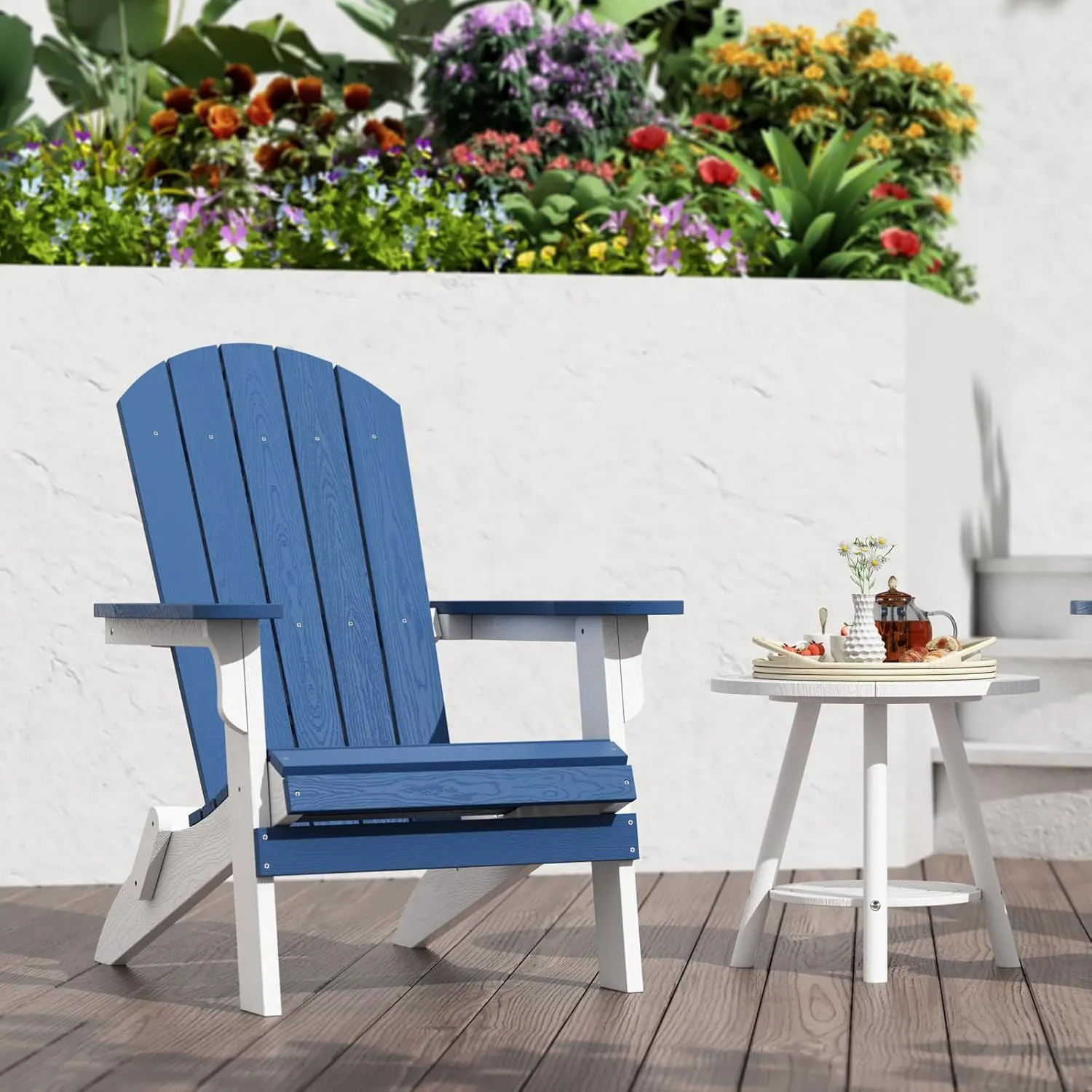 Foldable Adirondack Chair - Weather Resistant Composite Plastic, Fire Pit & Patio Chair, White & Blue for Outdoor Gatherings