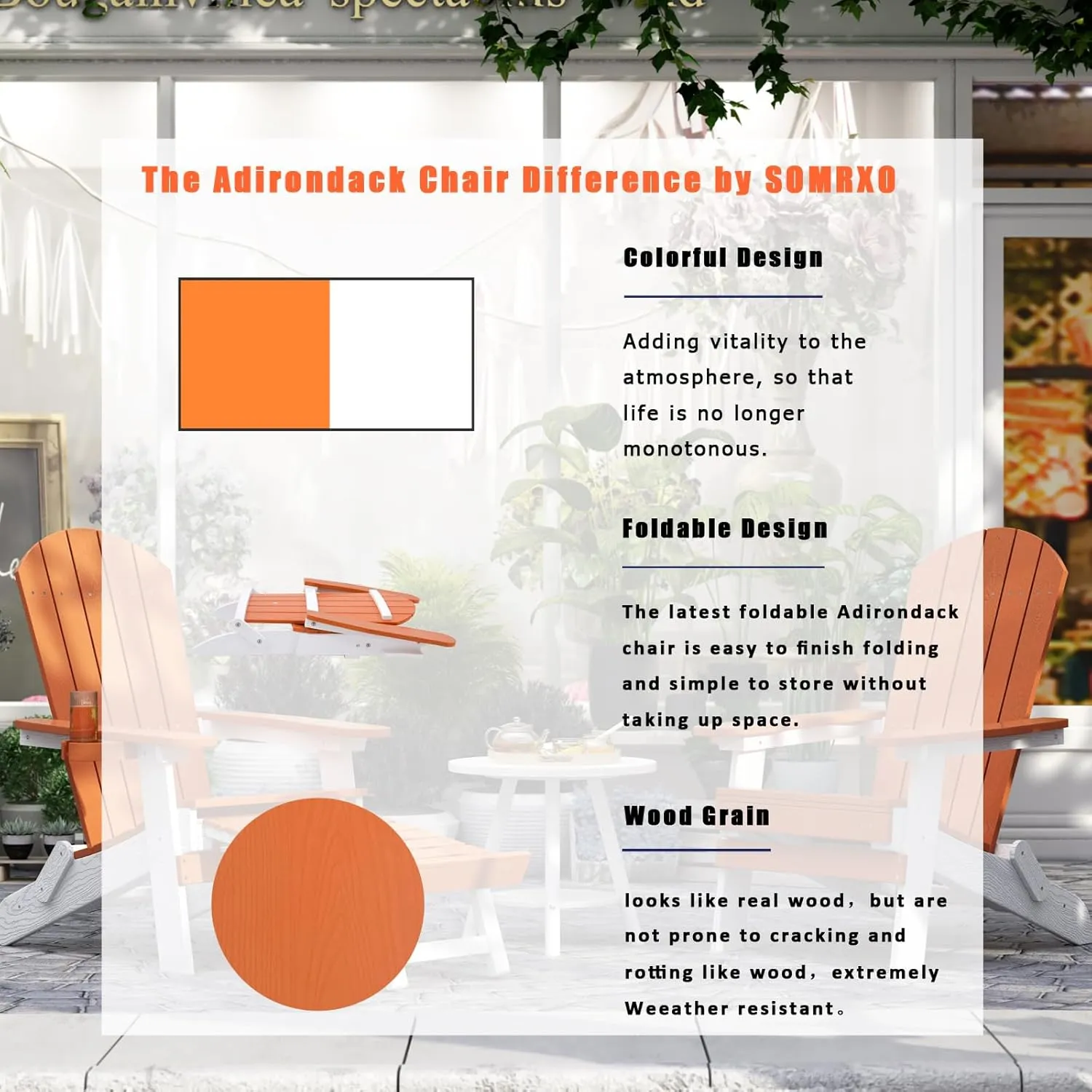 Foldable Adirondack Chair - Weather Resistant Outdoor Fire Pit Chair, Durable Composite Plastic, White & Orange for Patio, Garden & Gatherings