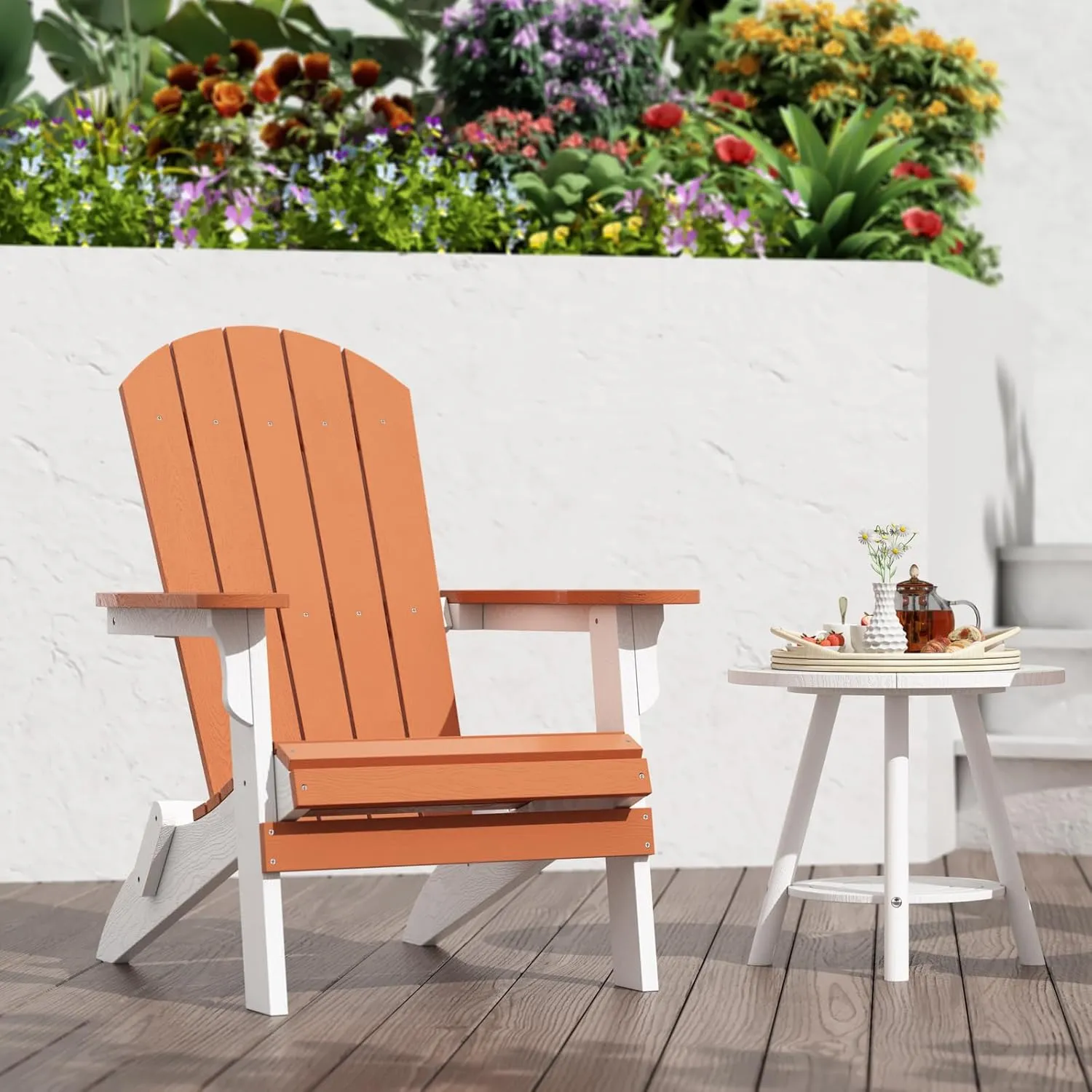 Foldable Adirondack Chair - Weather Resistant Outdoor Fire Pit Chair, Durable Composite Plastic, White & Orange for Patio, Garden & Gatherings
