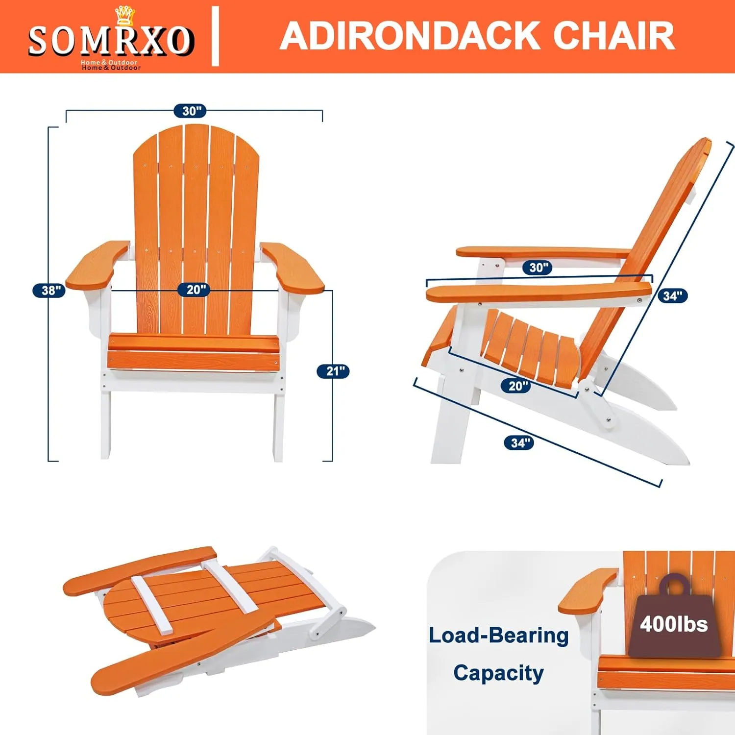 Foldable Adirondack Chair - Weather Resistant Outdoor Fire Pit Chair, Durable Composite Plastic, White & Orange for Patio, Garden & Gatherings