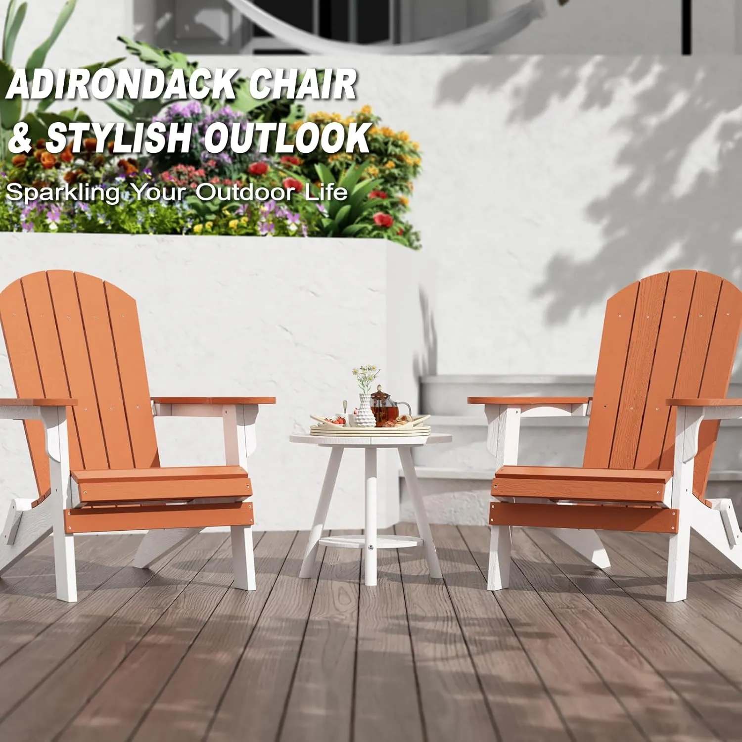 Foldable Adirondack Chair - Weather Resistant Outdoor Fire Pit Chair, Durable Composite Plastic, White & Orange for Patio, Garden & Gatherings