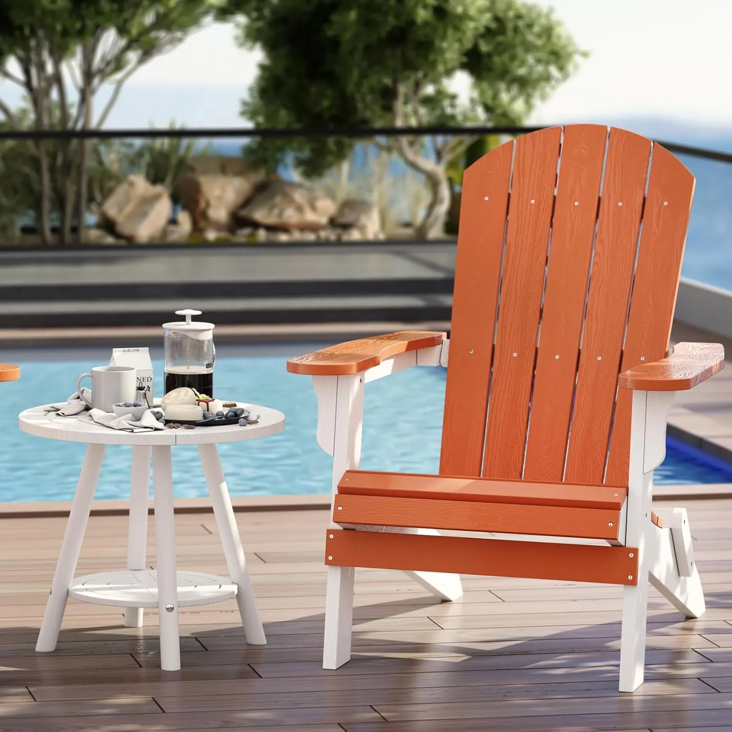 Foldable Adirondack Chair - Weather Resistant Outdoor Fire Pit Chair, Durable Composite Plastic, White & Orange for Patio, Garden & Gatherings