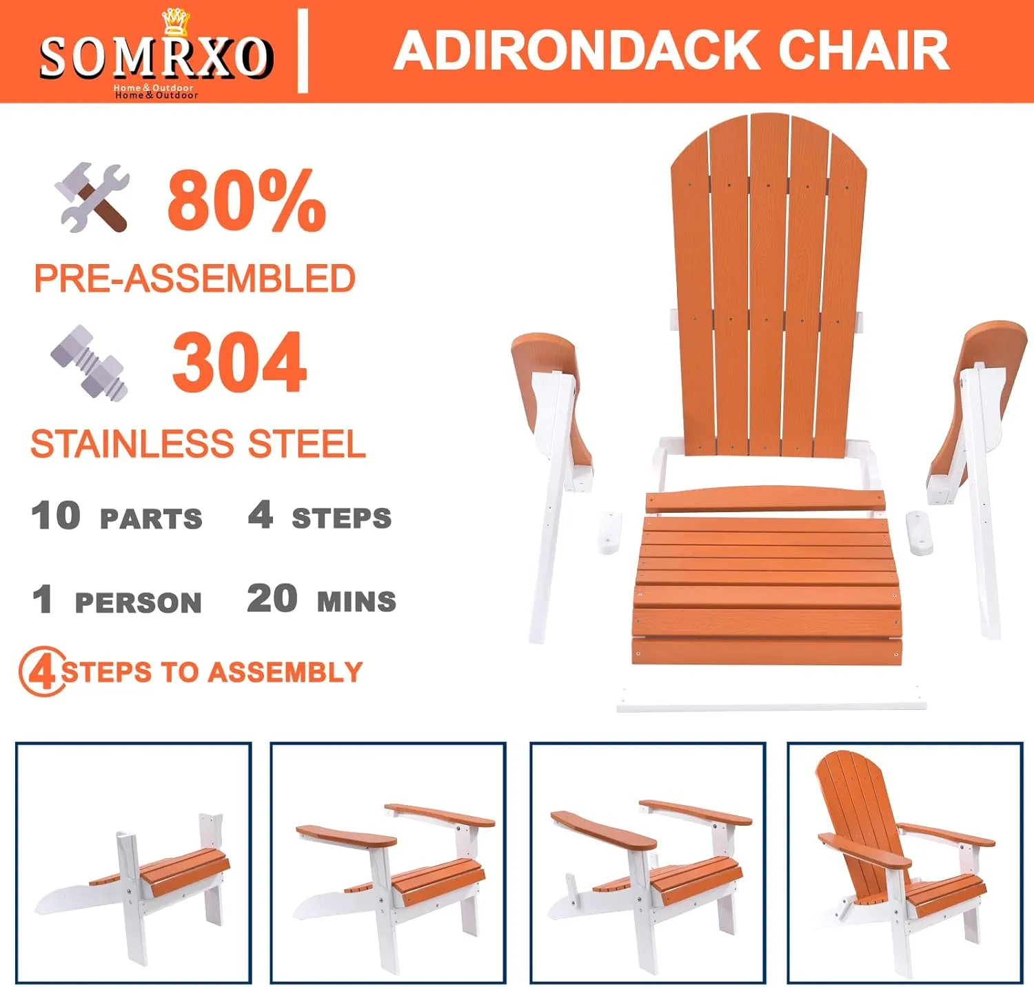 Foldable Adirondack Chair - Weather Resistant Outdoor Fire Pit Chair, Durable Composite Plastic, White & Orange for Patio, Garden & Gatherings