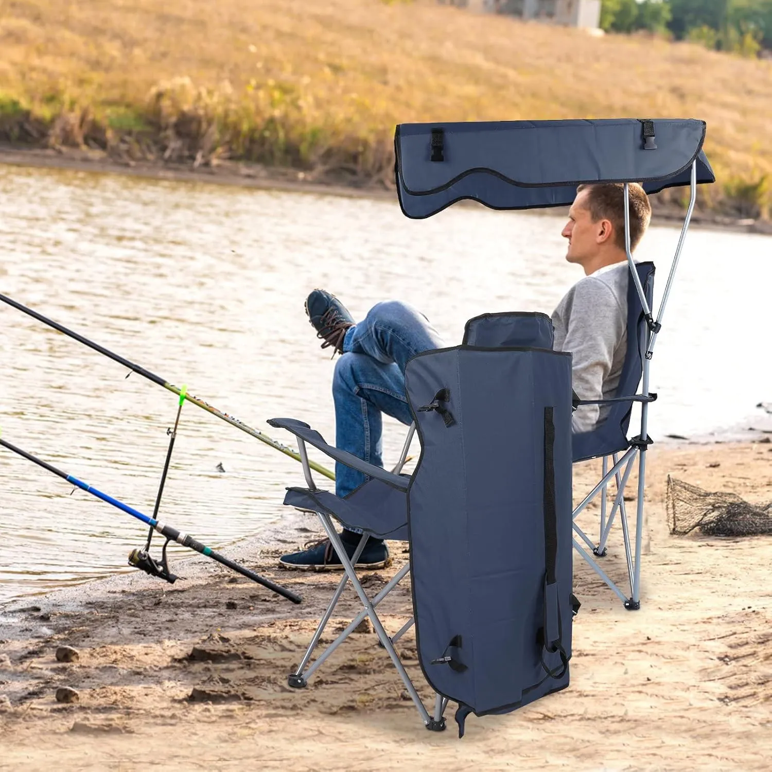 Foldable Beach Canopy Chair, Camp Chairs with Shade, Heavy Duty Sun Protection Camping Lawn Canopy Chair with Cup Holder,for Outdoor Beach Camp Park Patio(NavyBlue)