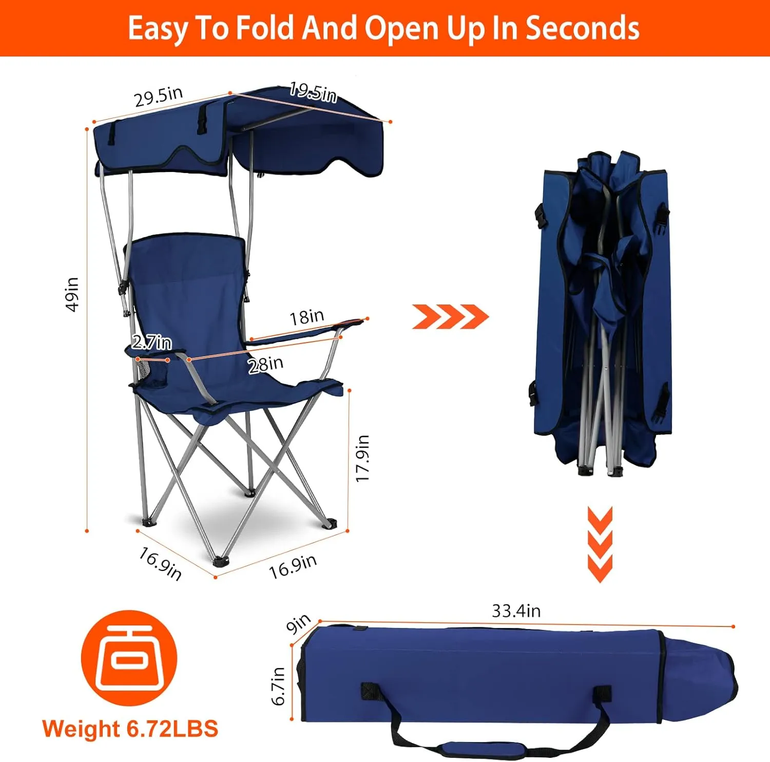 Foldable Beach Canopy Chair, Camp Chairs with Shade, Heavy Duty Sun Protection Camping Lawn Canopy Chair with Cup Holder,for Outdoor Beach Camp Park Patio(NavyBlue)
