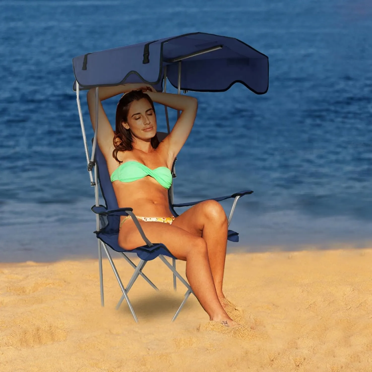 Foldable Camping Chair with Canopy - Sun Protection Beach Chair with Shade Canopy, 330LBS Load, Folding Seat with Cup Holder, Carrying Bag - Ideal Beach, Poolside, Travel, Picnic - NavyBlue