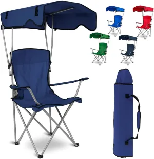 Foldable Camping Chair with Canopy - Sun Protection Beach Chair with Shade Canopy, 330LBS Load, Folding Seat with Cup Holder, Carrying Bag - Ideal Beach, Poolside, Travel, Picnic - NavyBlue