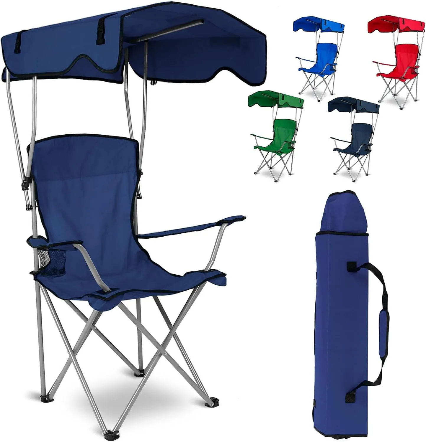 Foldable Camping Chair with Canopy - Sun Protection Beach Chair with Shade Canopy, 330LBS Load, Folding Seat with Cup Holder, Carrying Bag - Ideal Beach, Poolside, Travel, Picnic - NavyBlue