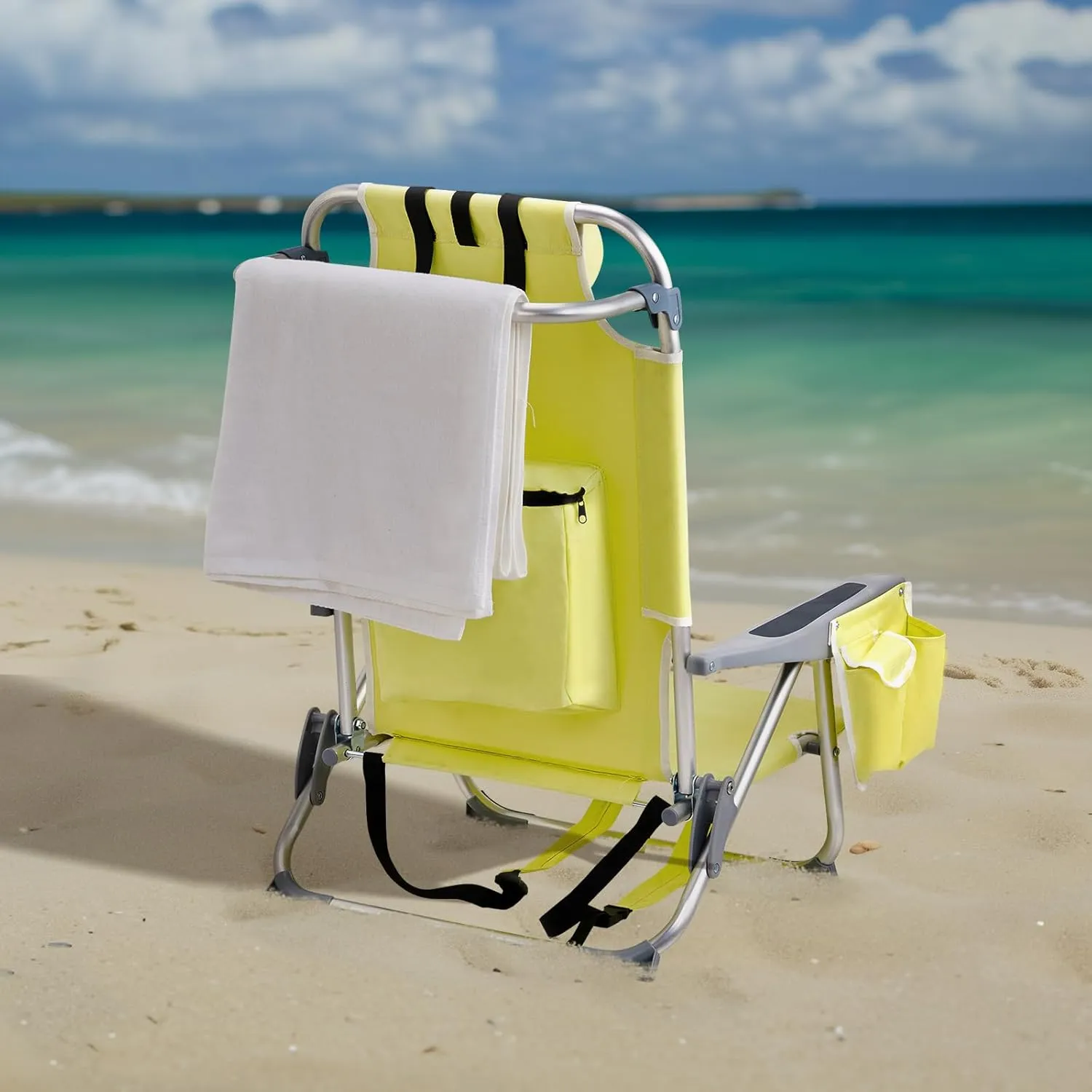 Foldable Folding Beach Chair, Lightweight Portable Folding Beach Chair for Adults, 5-Position Classic Lay Flat, Outdoor Lawn Chair for Beach,Hiking,Travel,Picnic,Camping,Supports Up to 220lbs,Yellow