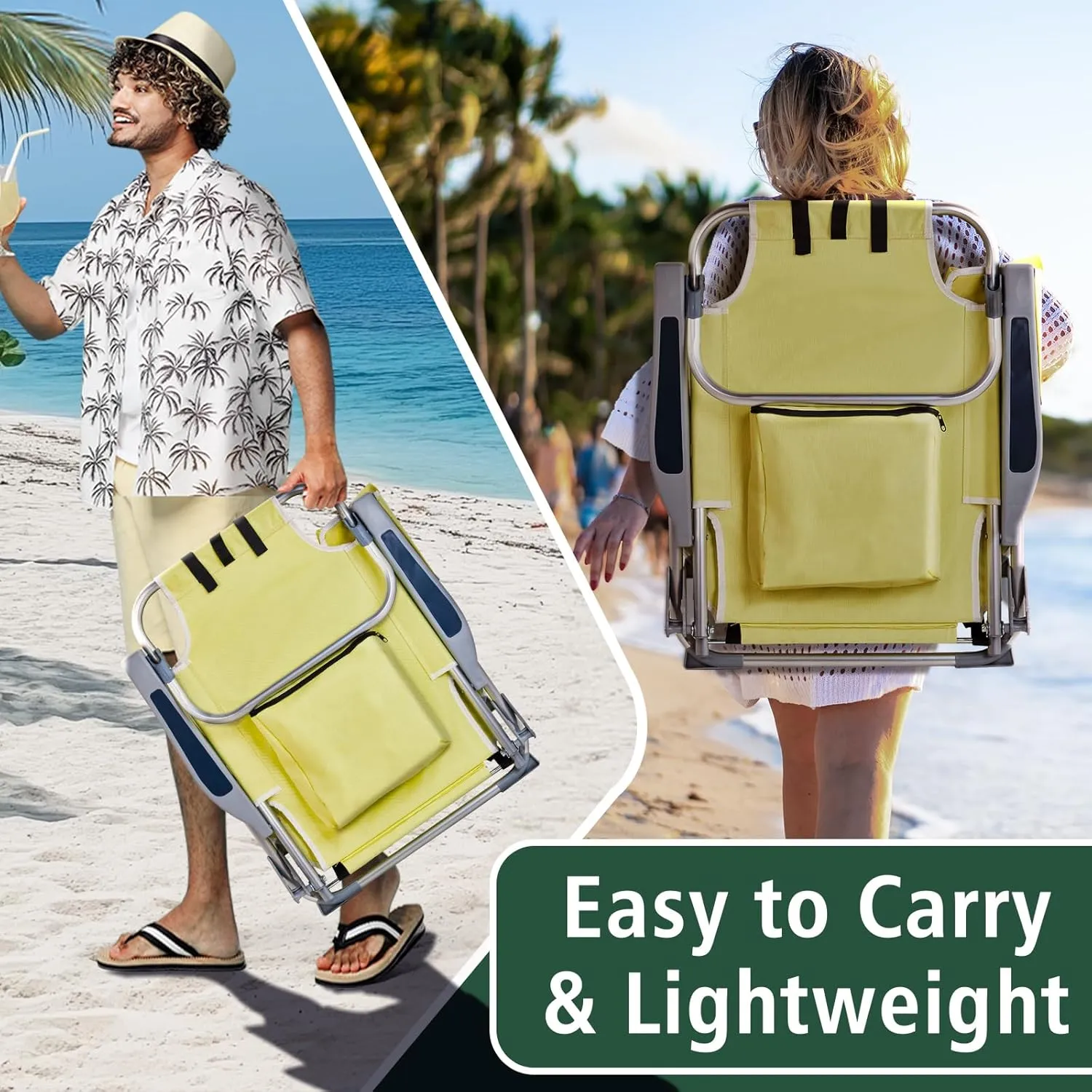 Foldable Folding Beach Chair, Lightweight Portable Folding Beach Chair for Adults, 5-Position Classic Lay Flat, Outdoor Lawn Chair for Beach,Hiking,Travel,Picnic,Camping,Supports Up to 220lbs,Yellow