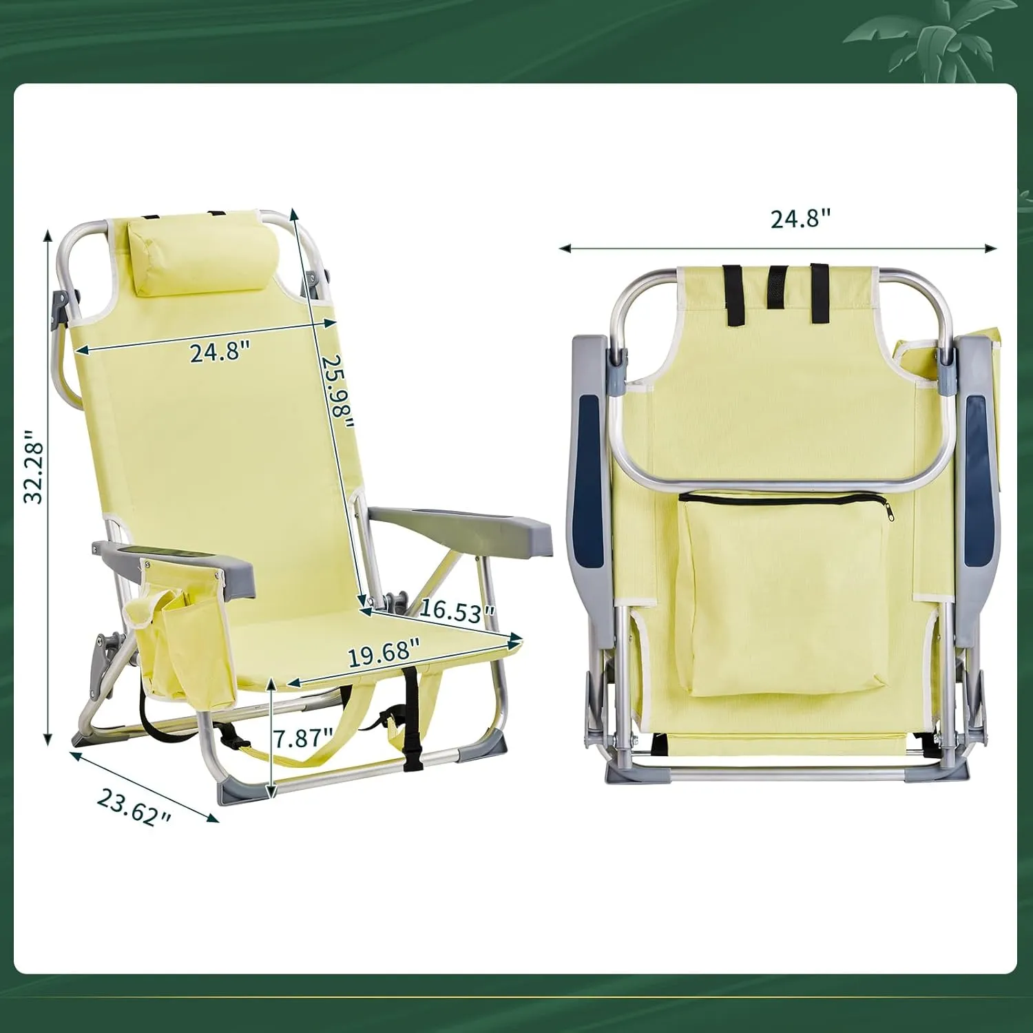Foldable Folding Beach Chair, Lightweight Portable Folding Beach Chair for Adults, 5-Position Classic Lay Flat, Outdoor Lawn Chair for Beach,Hiking,Travel,Picnic,Camping,Supports Up to 220lbs,Yellow