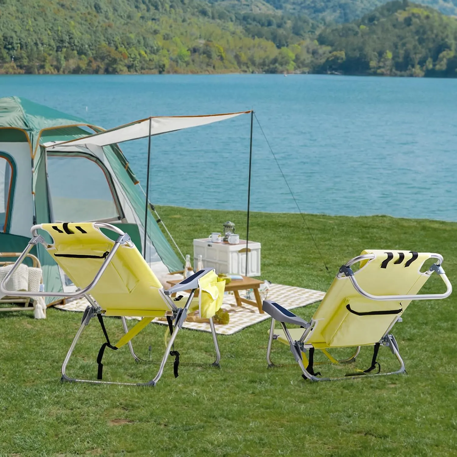 Foldable Folding Beach Chair, Lightweight Portable Folding Beach Chair for Adults, 5-Position Classic Lay Flat, Outdoor Lawn Chair for Beach,Hiking,Travel,Picnic,Camping,Supports Up to 220lbs,Yellow