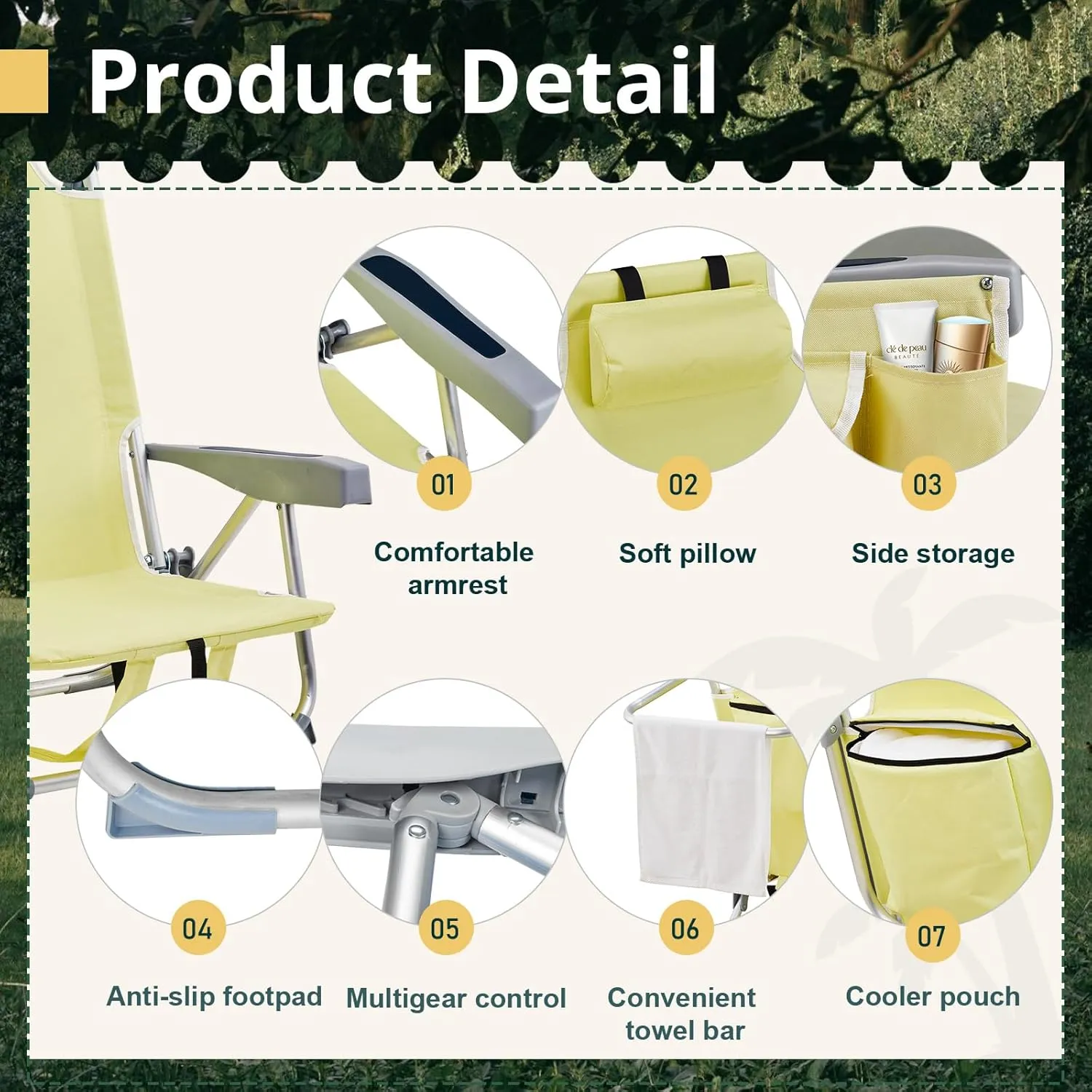 Foldable Folding Beach Chair, Lightweight Portable Folding Beach Chair for Adults, 5-Position Classic Lay Flat, Outdoor Lawn Chair for Beach,Hiking,Travel,Picnic,Camping,Supports Up to 220lbs,Yellow