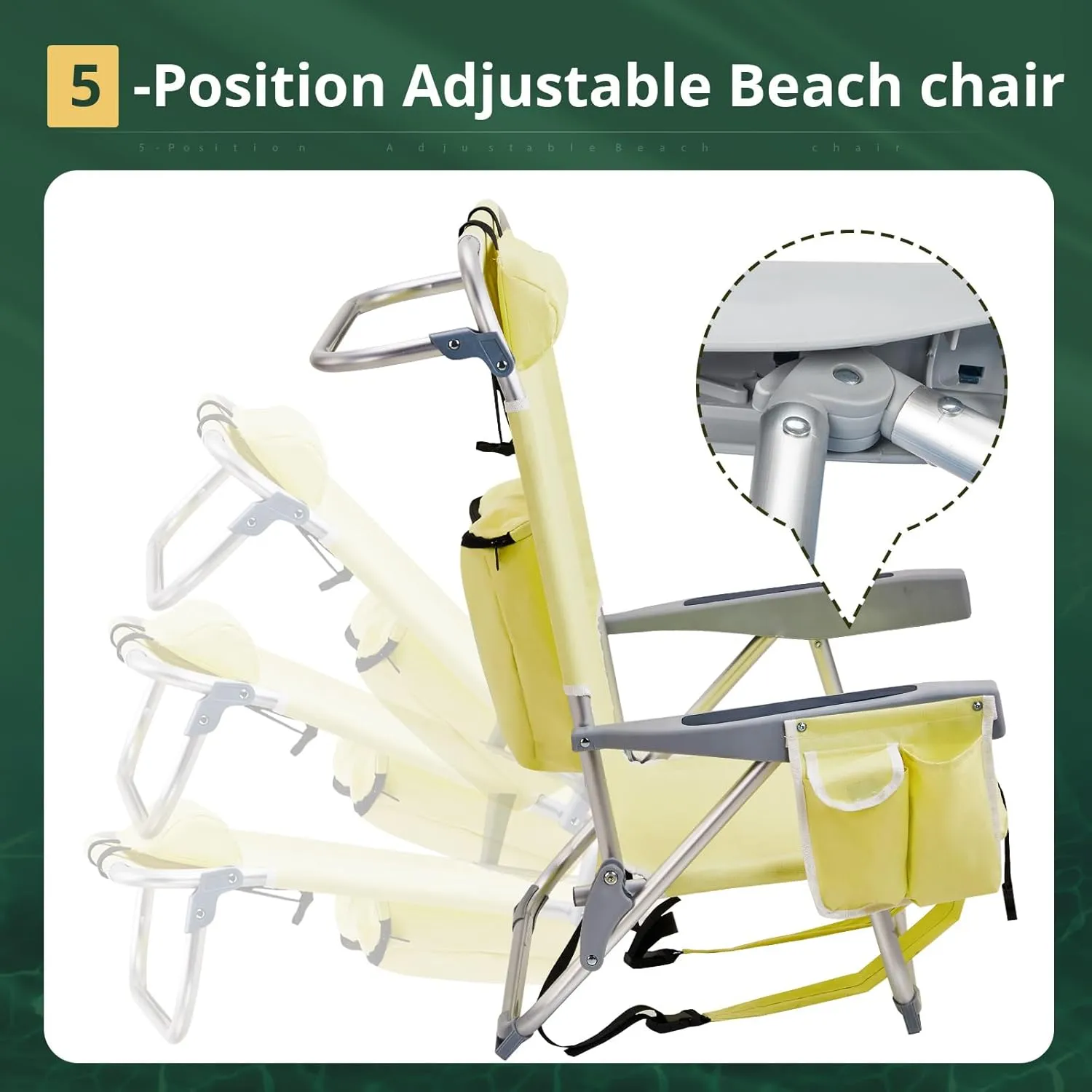 Foldable Folding Beach Chair, Lightweight Portable Folding Beach Chair for Adults, 5-Position Classic Lay Flat, Outdoor Lawn Chair for Beach,Hiking,Travel,Picnic,Camping,Supports Up to 220lbs,Yellow