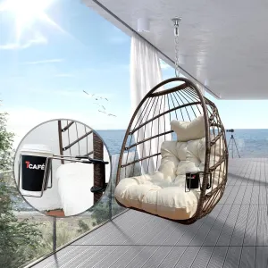 Foldable Hammock Egg Basket Hanging Chair, UV Resistant Cushion, 350lbs Capacity, Indoor Outdoor Swing Chair with Alloy Frame Wood Grain, PE Rope, for Patio Balcony Backyard Porch