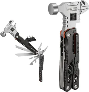 Foldable Multifunctional Wrench Hammer for Outdoor Use,Versatile Hammer Multitool Camping/Hiking Accessories with 18 Functions,Multitool Adjustable Wrench with Screwdrivers/Wire Cutter/Pliers (Black)
