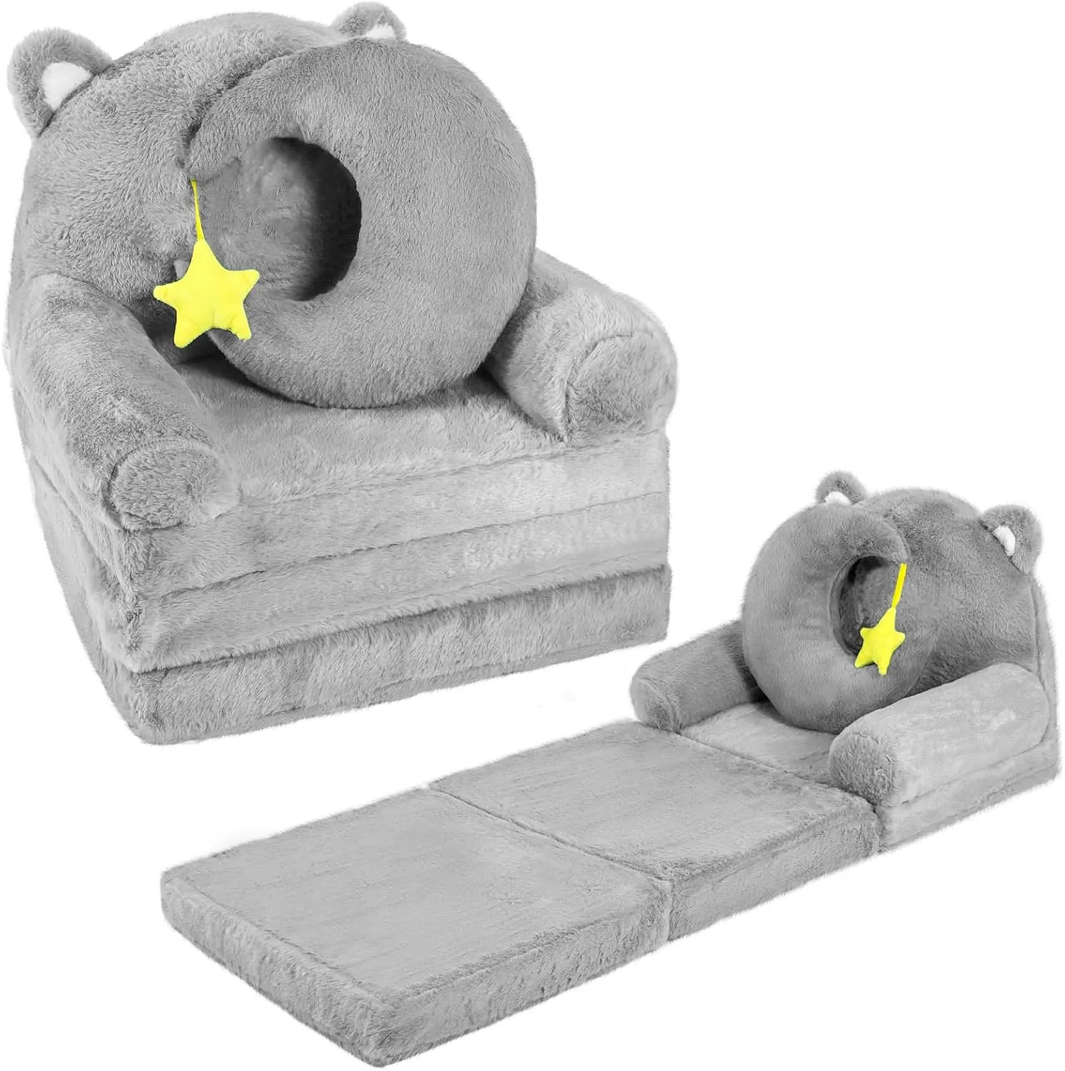 Foldable Toddler Couch 2 in 1 Gray Cat Kids Fold Out Couch with Moon Shape Pillow Recliner Chair Baby Sofa Bedroom Folding Bed Lounger for Girls and Boys