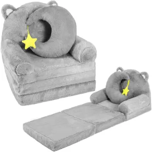 Foldable Toddler Couch 2 in 1 Gray Cat Kids Fold Out Couch with Moon Shape Pillow Recliner Chair Baby Sofa Bedroom Folding Bed Lounger for Girls and Boys