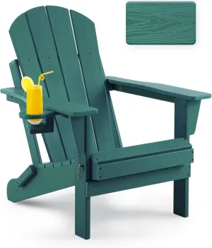 Folding Adirondack Chair, Patio Chairs Wood Texture Weather Resistant, Outdoor Chair Wood Texture, Lawn Chairs with Cup Holder, Fire Pit Chair for Deck, Outdoor, Porch, Backyard, Garden