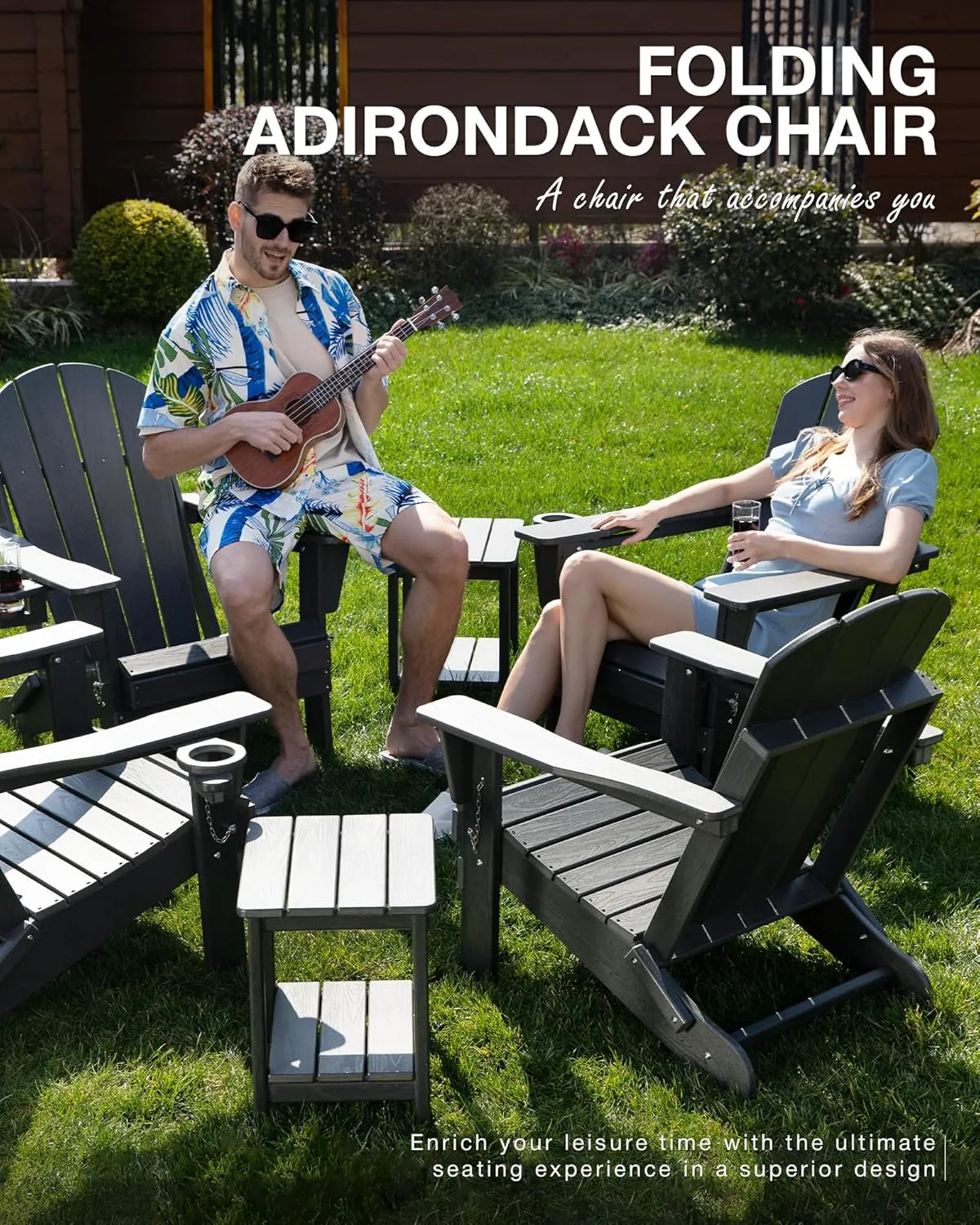 Folding Adirondack Chair, Patio Chairs Wood Texture Weather Resistant, Outdoor Chair Wood Texture, Lawn Chairs with Cup Holder, Fire Pit Chair for Deck, Outdoor, Porch, Backyard, Garden