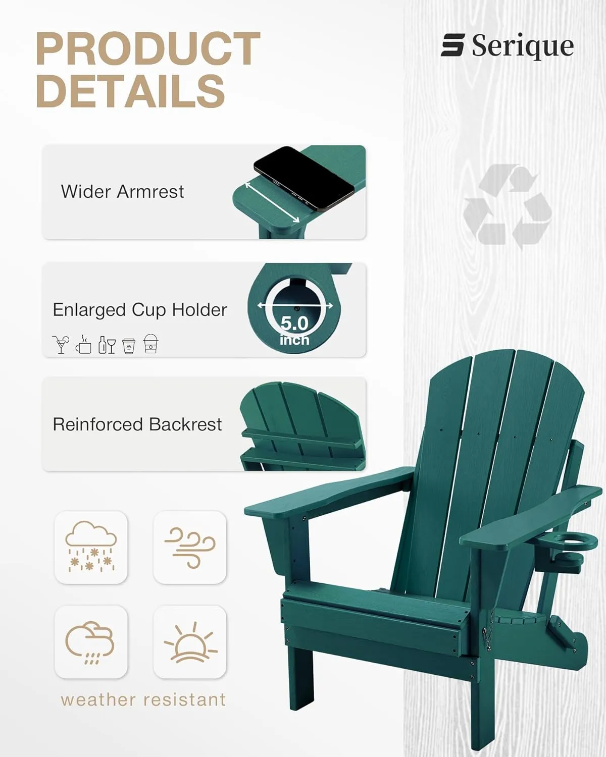 Folding Adirondack Chair, Patio Chairs Wood Texture Weather Resistant, Outdoor Chair Wood Texture, Lawn Chairs with Cup Holder, Fire Pit Chair for Deck, Outdoor, Porch, Backyard, Garden