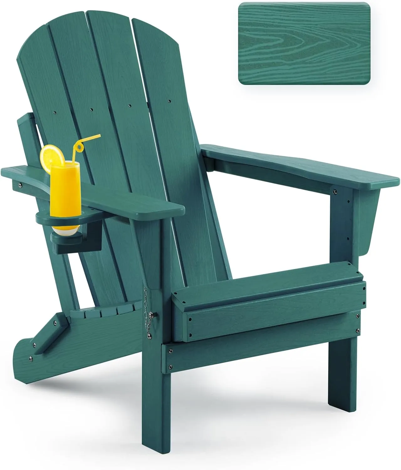 Folding Adirondack Chair, Patio Chairs Wood Texture Weather Resistant, Outdoor Chair Wood Texture, Lawn Chairs with Cup Holder, Fire Pit Chair for Deck, Outdoor, Porch, Backyard, Garden