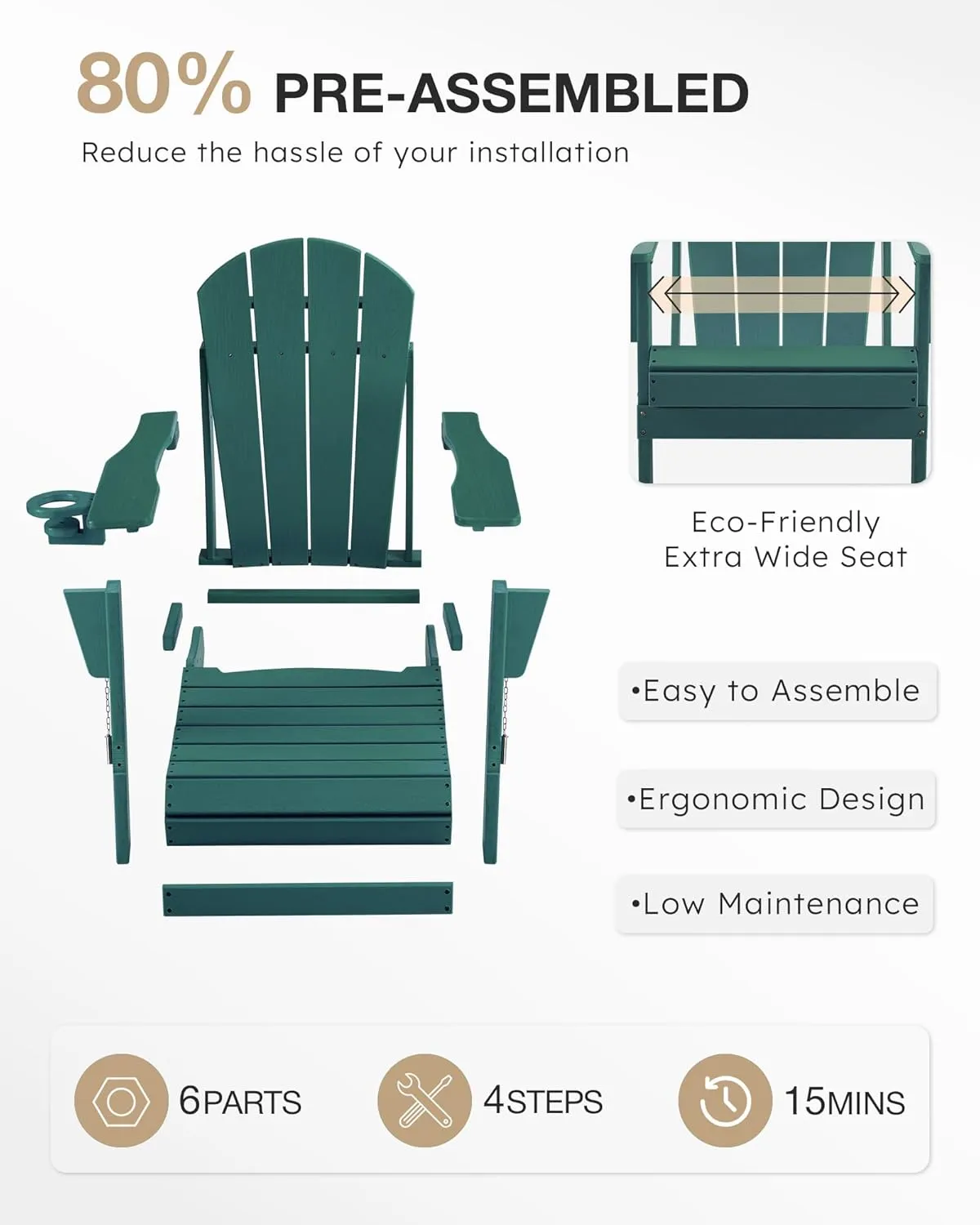 Folding Adirondack Chair, Patio Chairs Wood Texture Weather Resistant, Outdoor Chair Wood Texture, Lawn Chairs with Cup Holder, Fire Pit Chair for Deck, Outdoor, Porch, Backyard, Garden