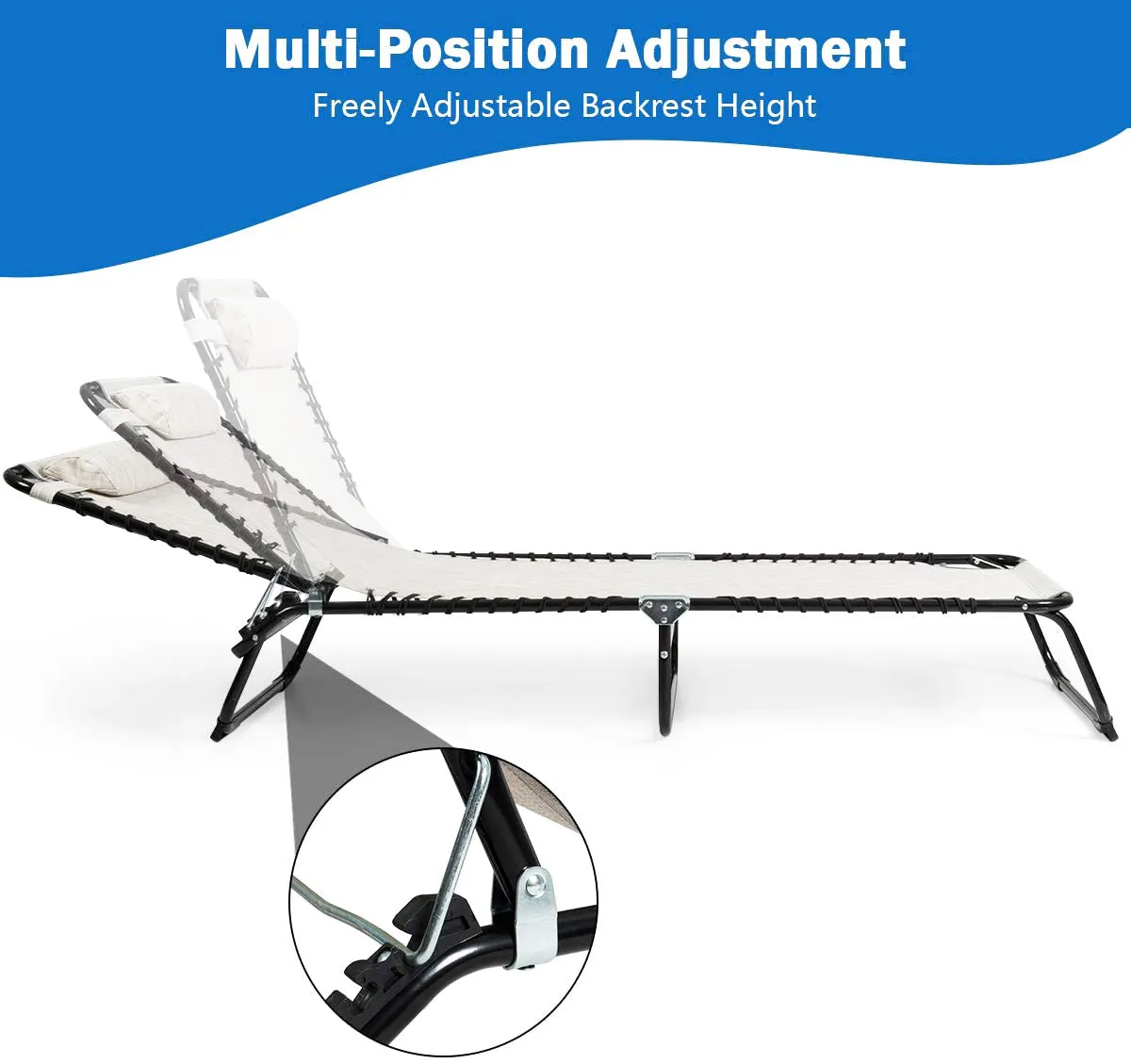 Folding Metal Outdoor Lounge Chair with Adjustable Backrest and Pillow in Gray
