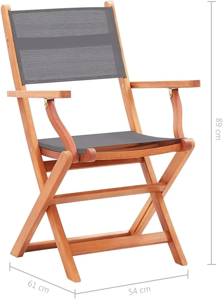 Folding Patio Chairs 2 pcs Gray Solid Wood Eucalyptus and Textilene Outdoor Furniture Lounge Chairs with Armrests, Foldable, Comfortable for Garden, Patio, Lawn, or Balcony Use