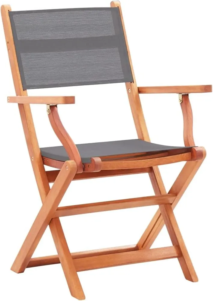Folding Patio Chairs 2 pcs Gray Solid Wood Eucalyptus and Textilene Outdoor Furniture Lounge Chairs with Armrests, Foldable, Comfortable for Garden, Patio, Lawn, or Balcony Use