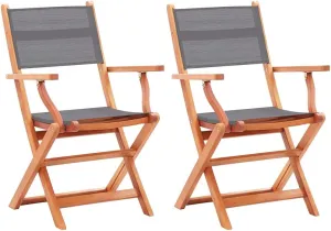 Folding Patio Chairs 2 pcs Gray Solid Wood Eucalyptus and Textilene Outdoor Furniture Lounge Chairs with Armrests, Foldable, Comfortable for Garden, Patio, Lawn, or Balcony Use