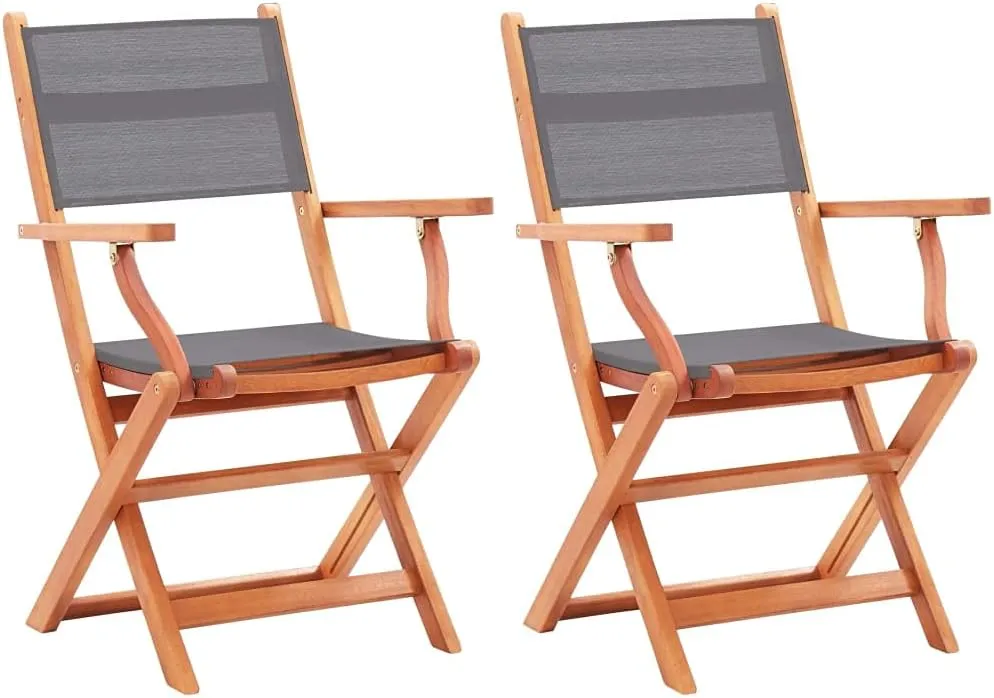 Folding Patio Chairs 2 pcs Gray Solid Wood Eucalyptus and Textilene Outdoor Furniture Lounge Chairs with Armrests, Foldable, Comfortable for Garden, Patio, Lawn, or Balcony Use