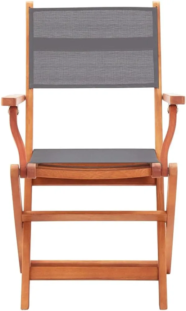 Folding Patio Chairs 2 pcs Gray Solid Wood Eucalyptus and Textilene Outdoor Furniture Lounge Chairs with Armrests, Foldable, Comfortable for Garden, Patio, Lawn, or Balcony Use