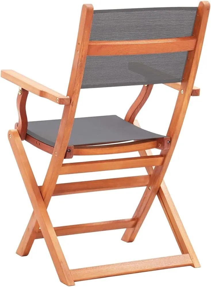 Folding Patio Chairs 2 pcs Gray Solid Wood Eucalyptus and Textilene Outdoor Furniture Lounge Chairs with Armrests, Foldable, Comfortable for Garden, Patio, Lawn, or Balcony Use