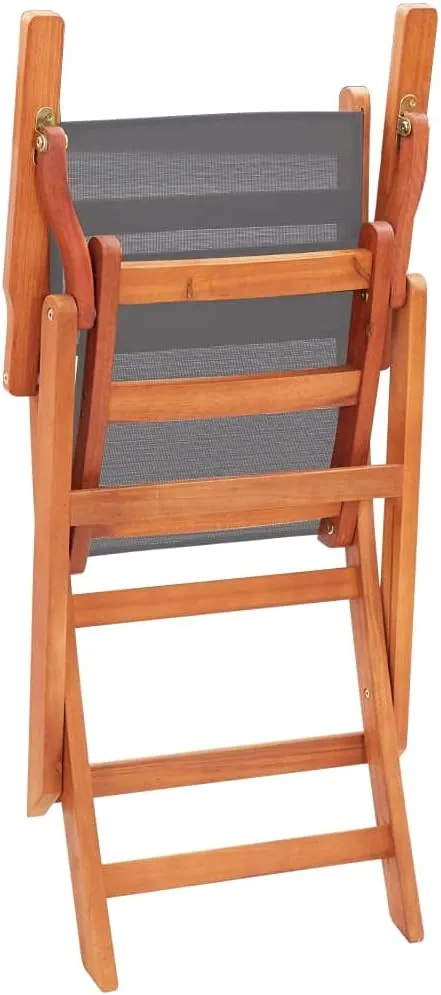 Folding Patio Chairs 2 pcs Gray Solid Wood Eucalyptus and Textilene Outdoor Furniture Lounge Chairs with Armrests, Foldable, Comfortable for Garden, Patio, Lawn, or Balcony Use